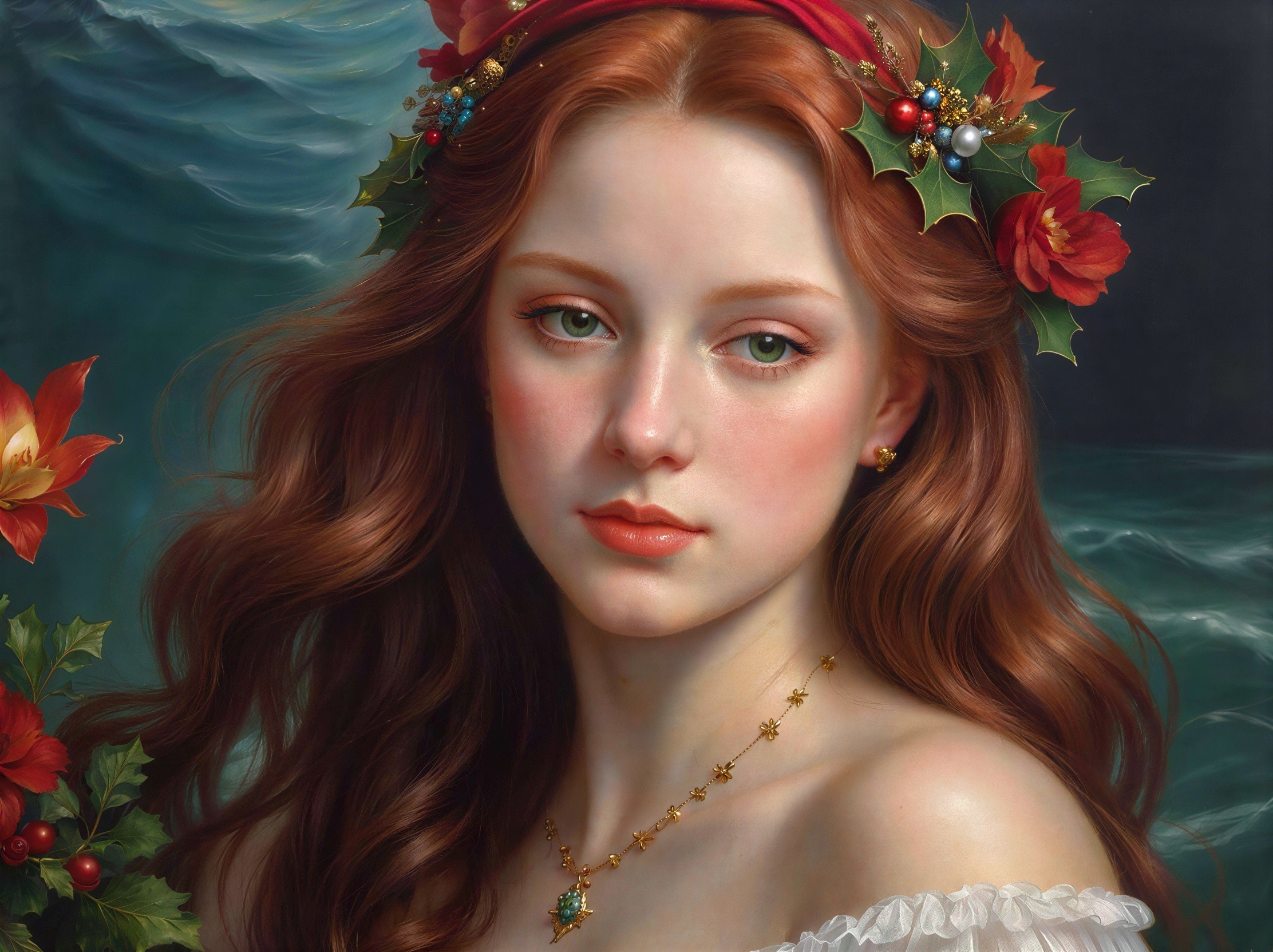 Vibrant Painting of a Young Woman with Holly Wreath