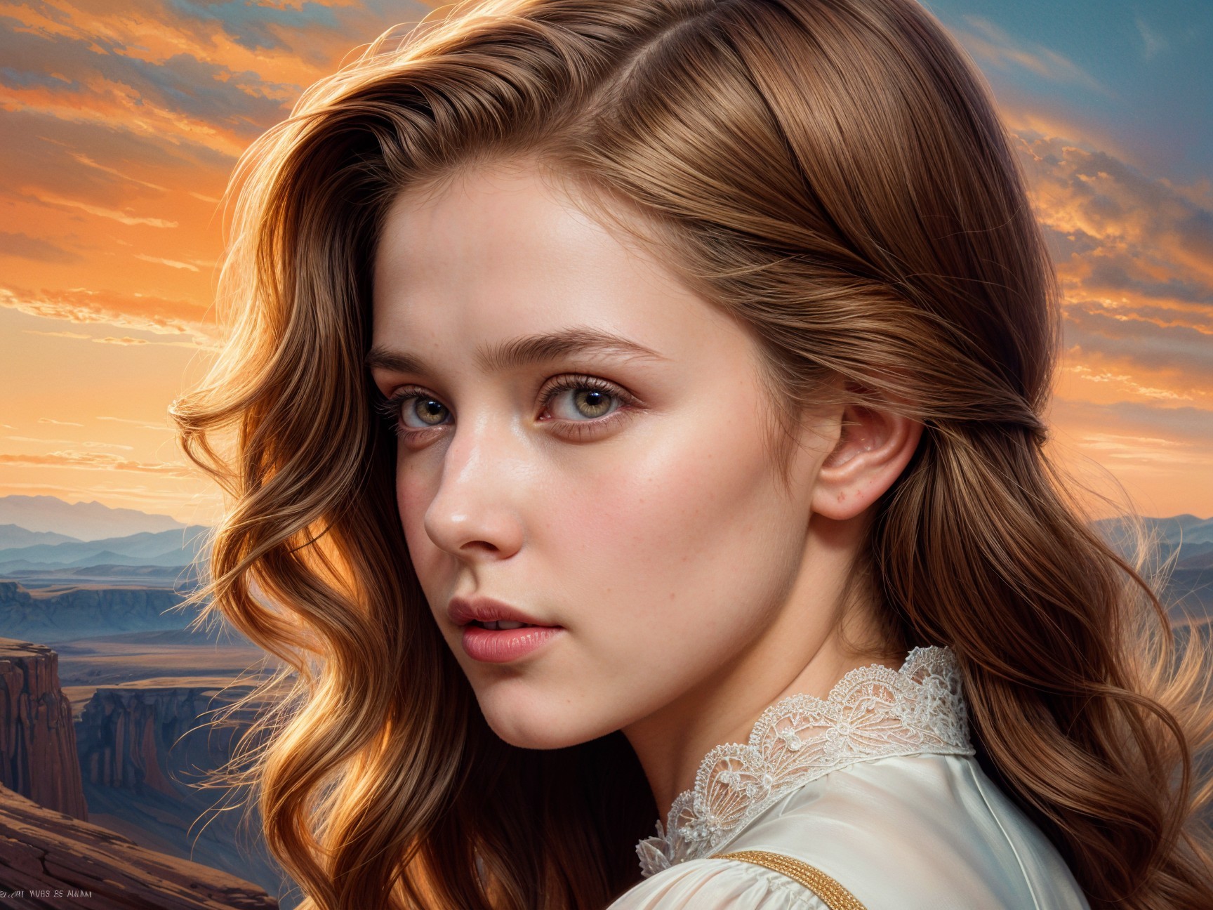 Young woman with chestnut hair in sunset landscape