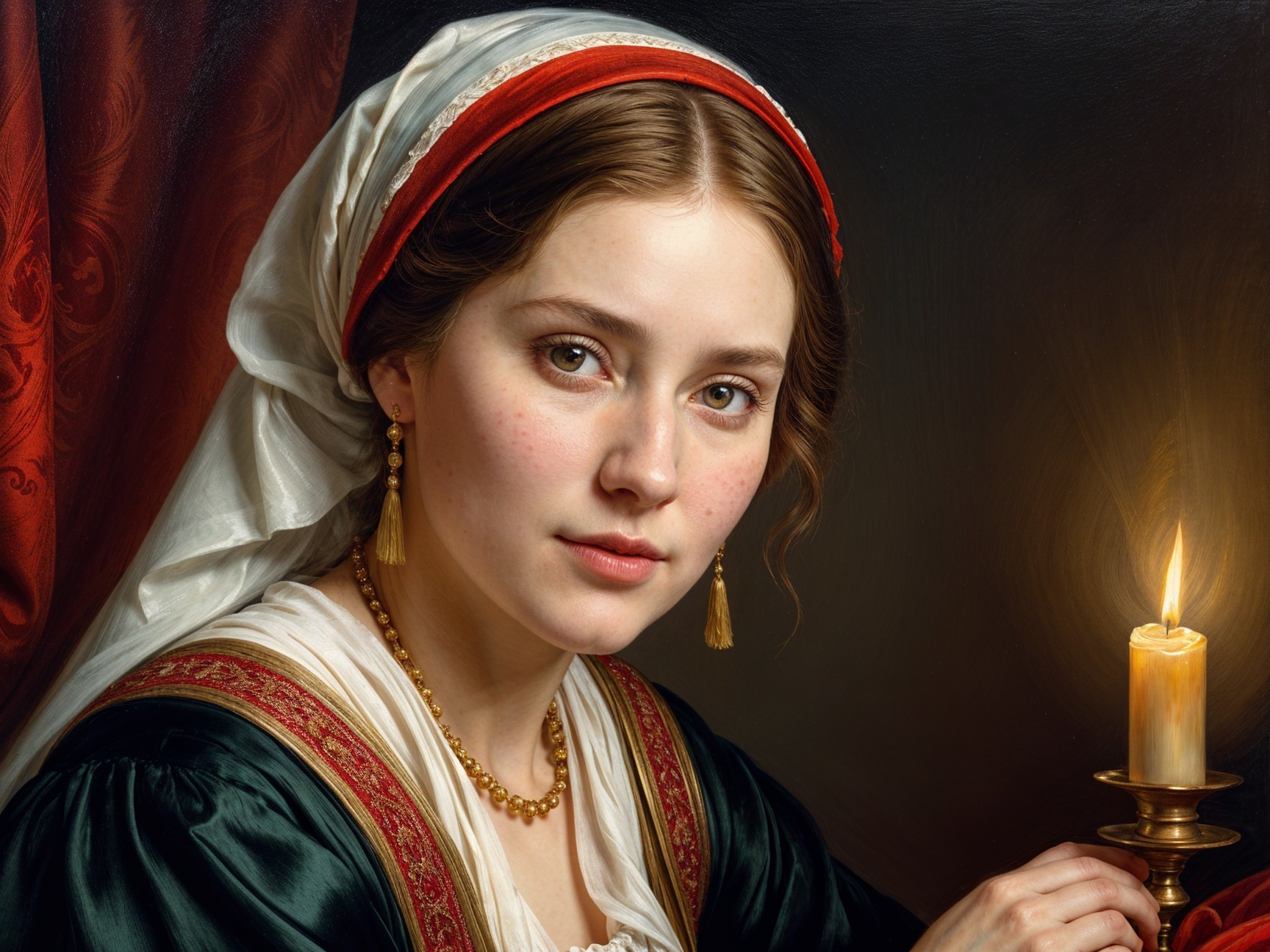 Young woman in historical dress with candlelight glow