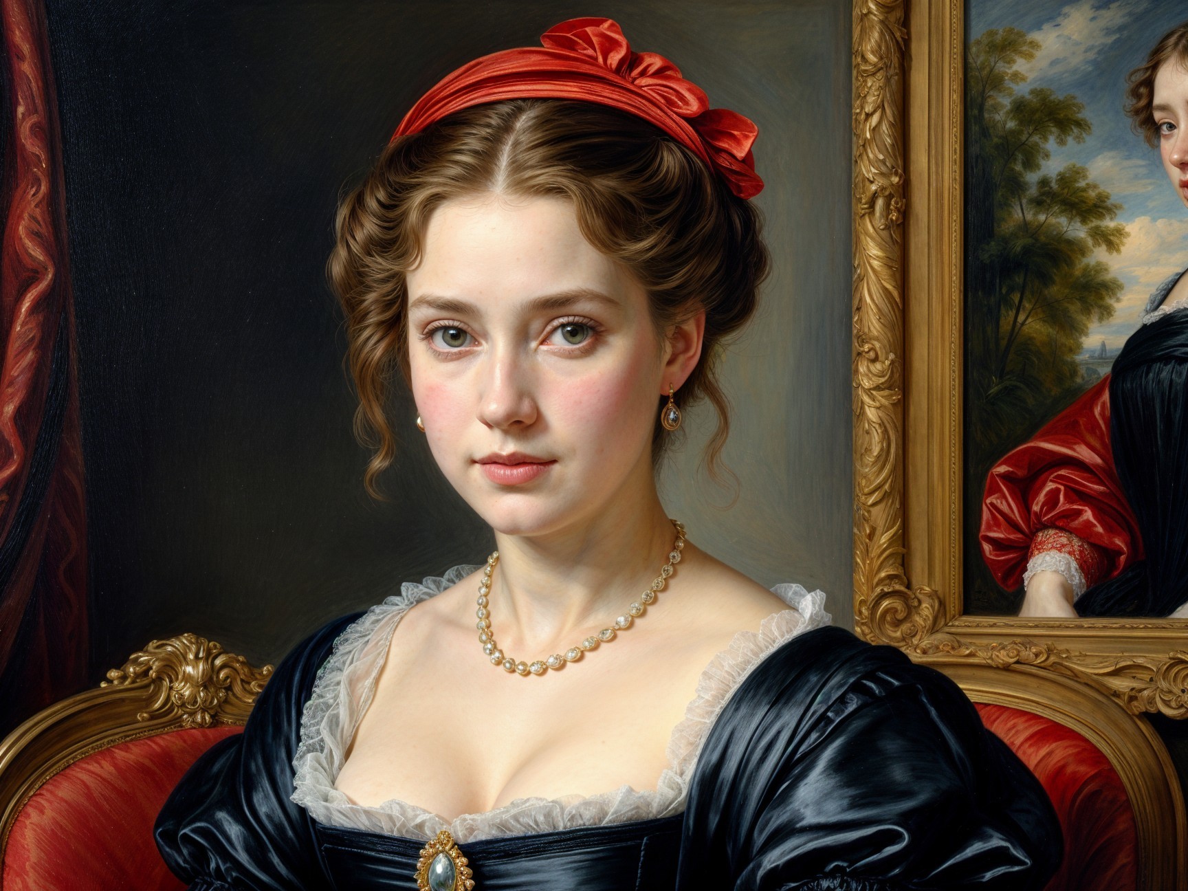 Young Woman in Black Dress with Pearl Necklace