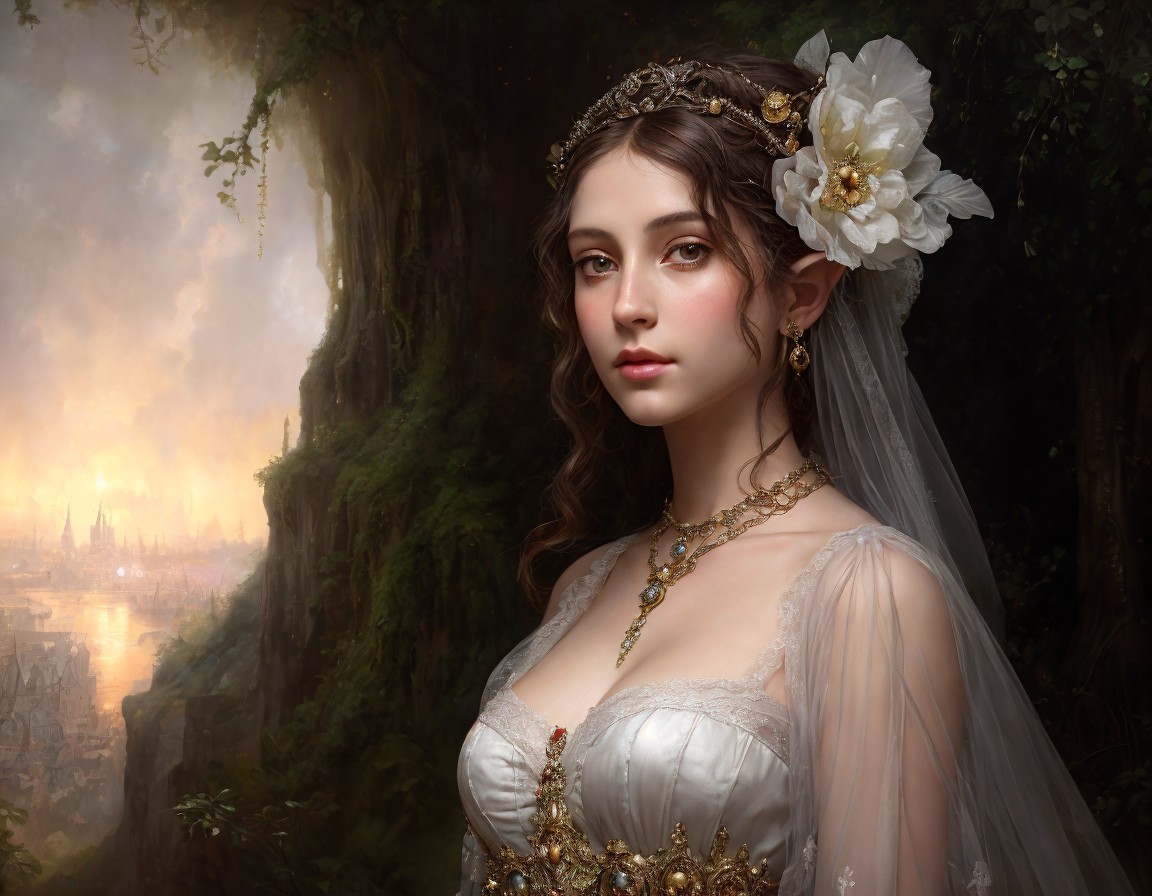 Elegant woman in vintage dress gazes at glowing cityscape
