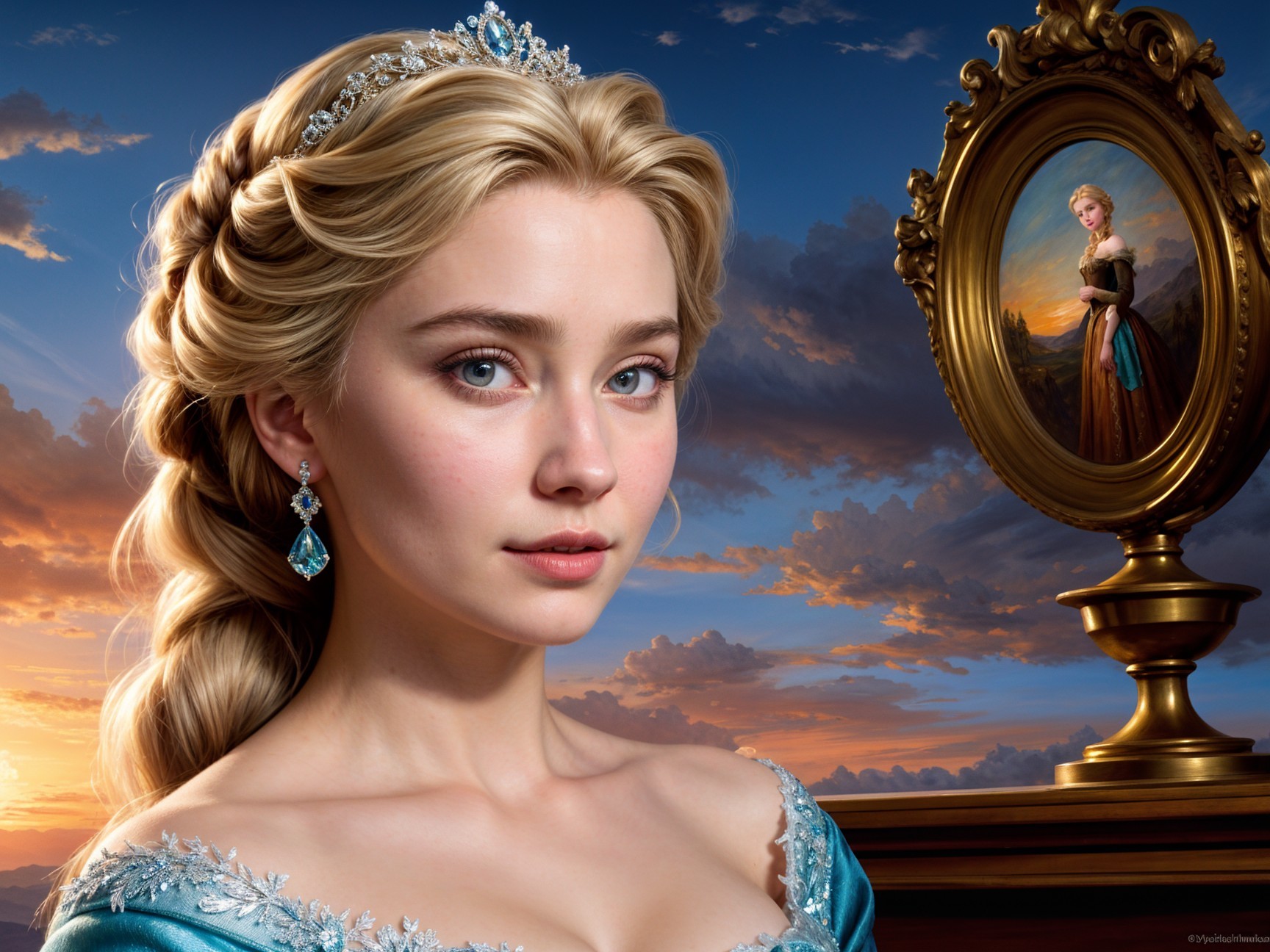 Young Woman in Elegant Icy-Blue Gown and Tiara