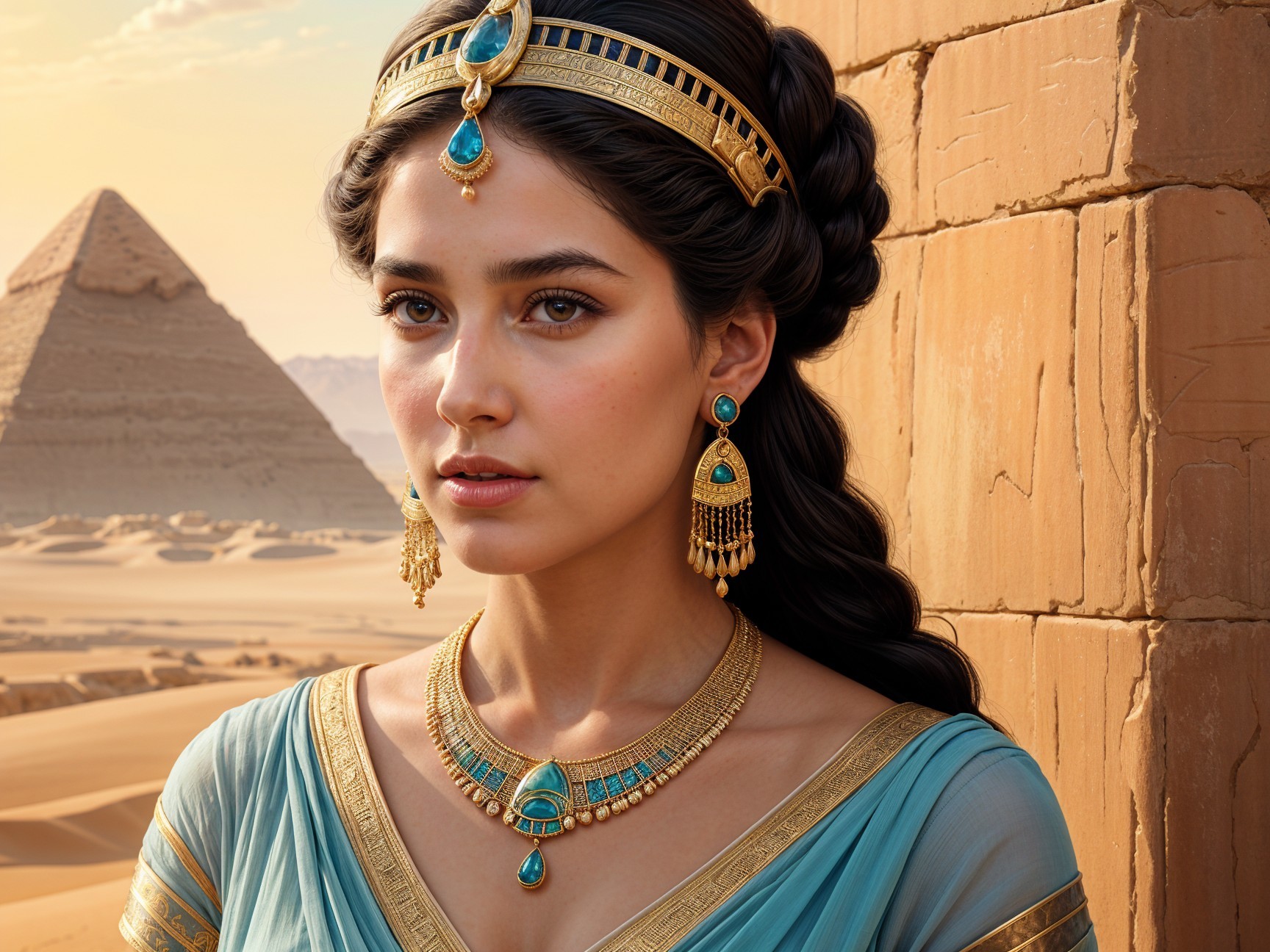 Young Woman in Turquoise Gown by Pyramids