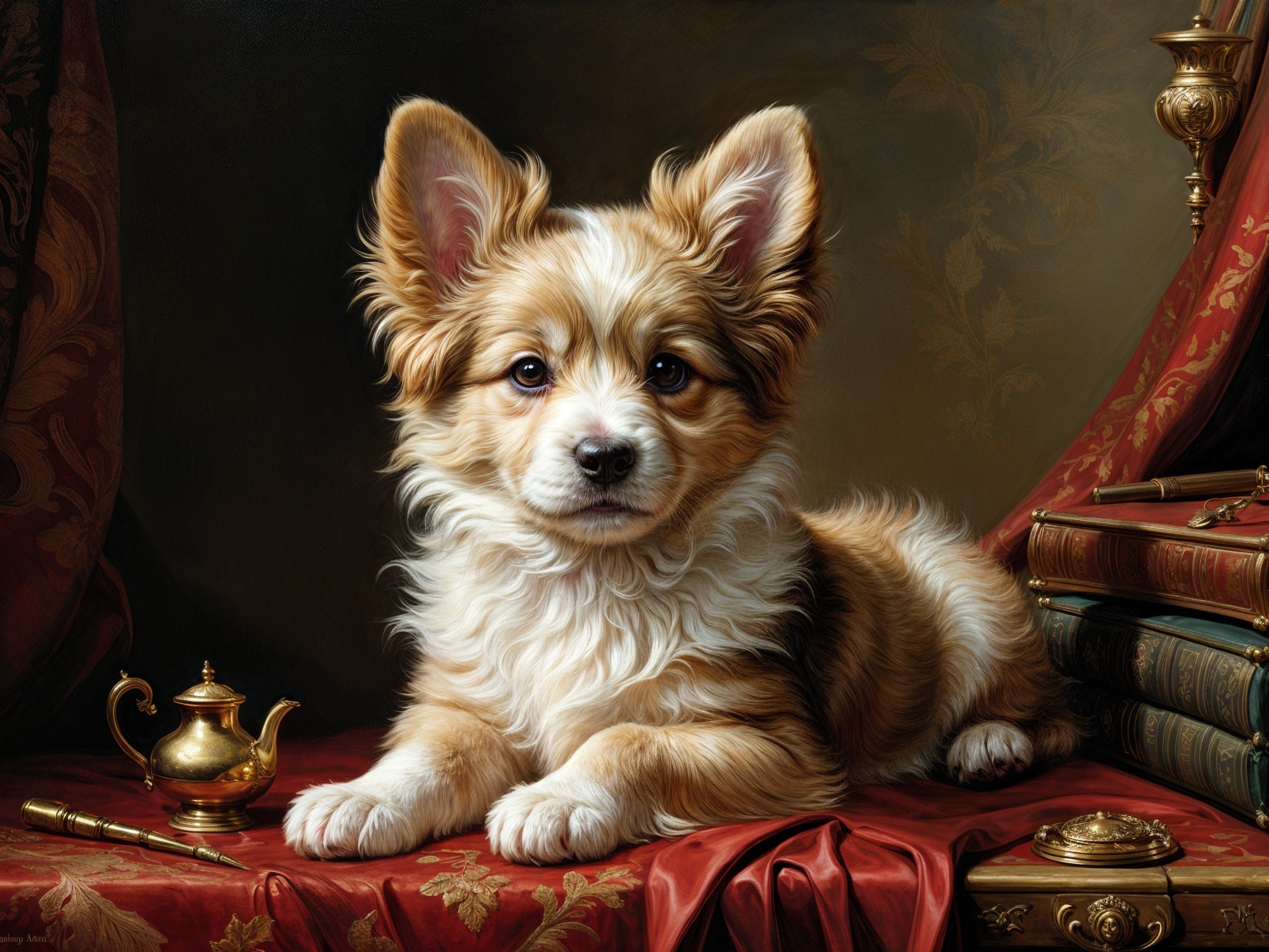 Fluffy Corgi Puppy on Ornate Fabric with Antiques