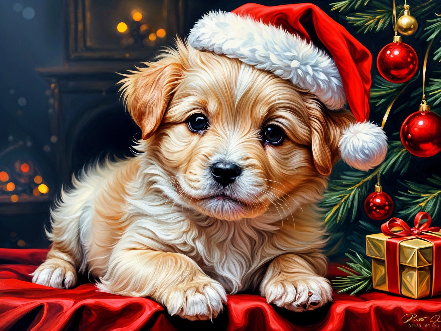 Fluffy golden puppy in Santa hat on festive tablecloth