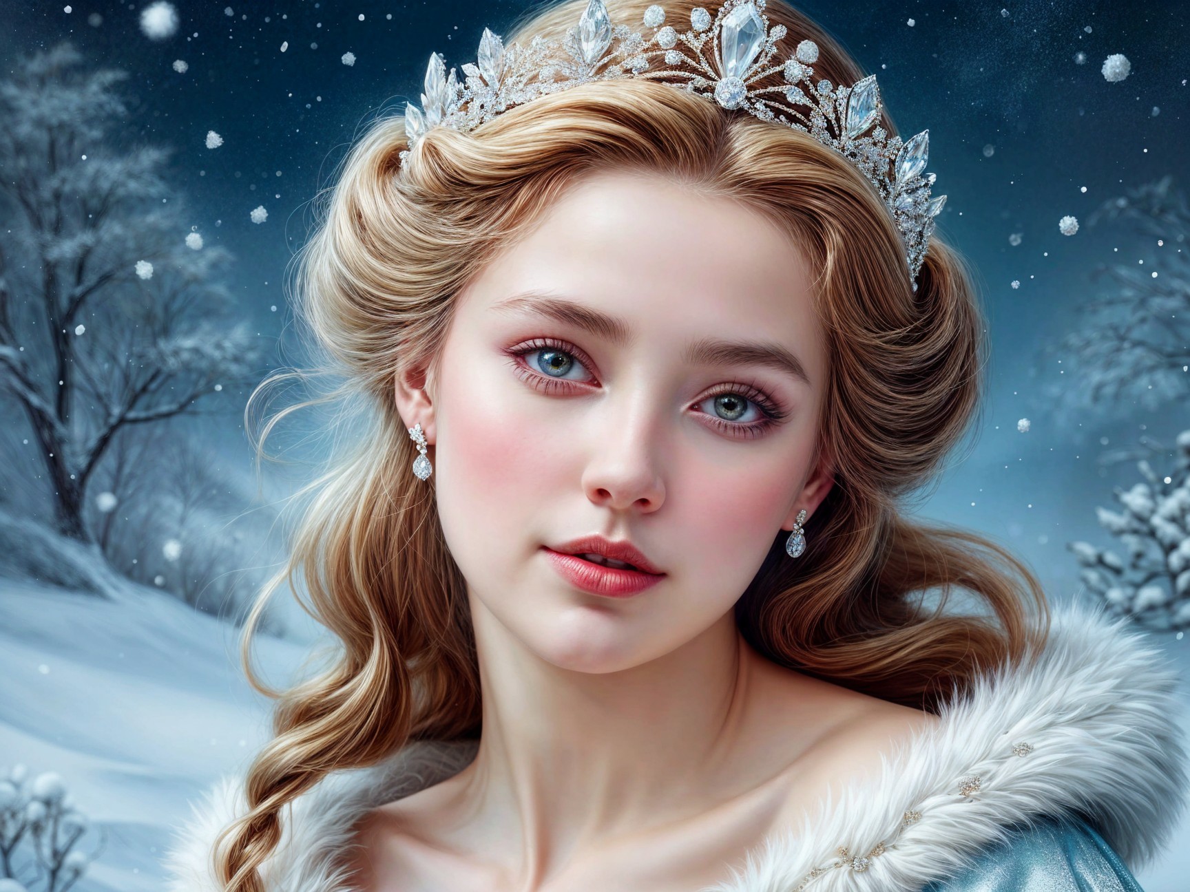 Young woman in elegant dress with winter background