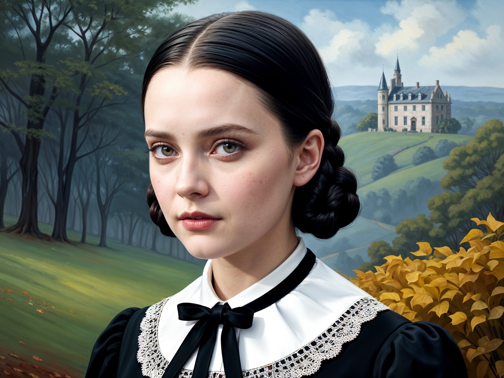 Young girl in vintage dress against gothic landscape
