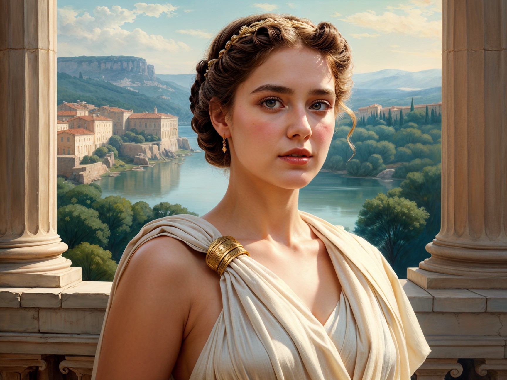 Young Woman in Elegant Ancient Setting with Landscape