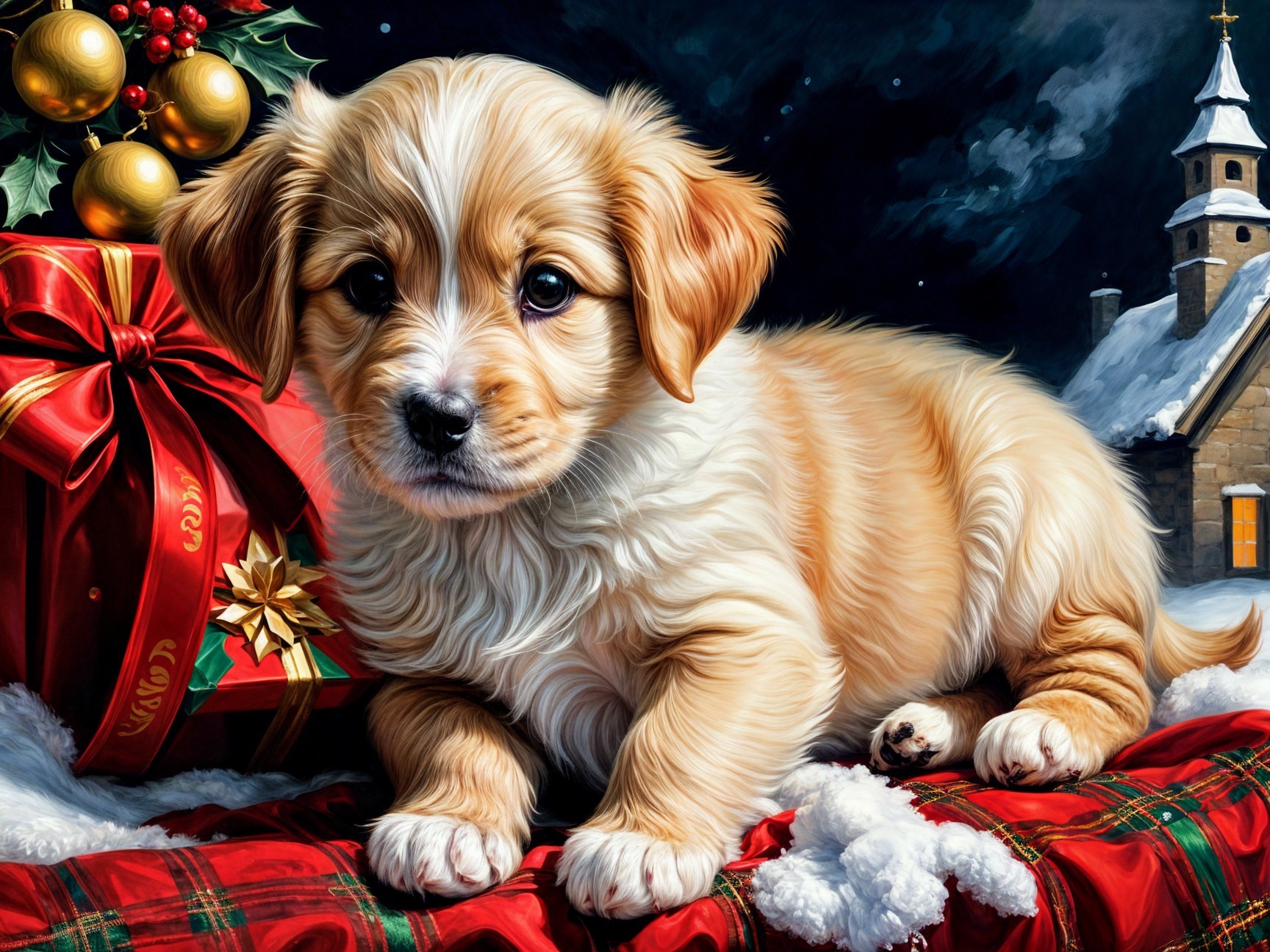 Fluffy Golden Puppy on Holiday Blanket with Ornaments