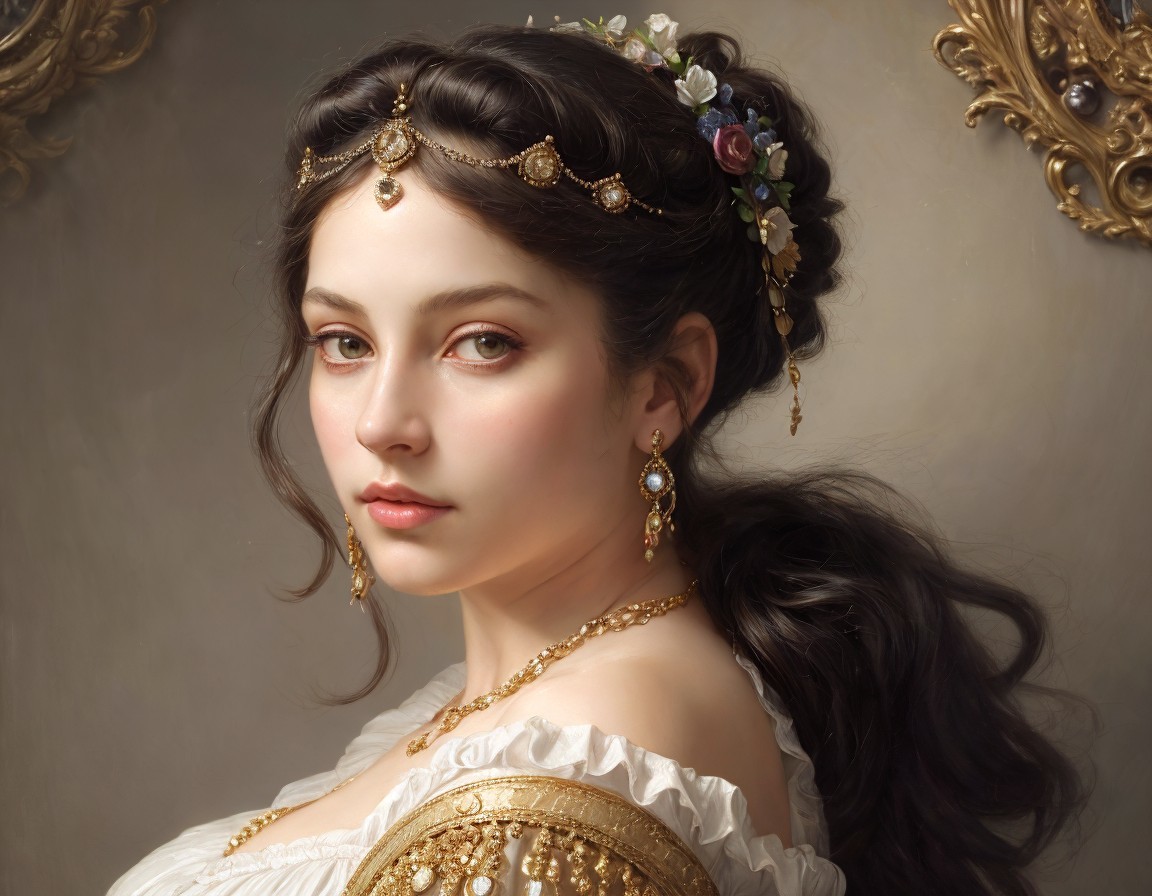 Elegant woman portrait with floral hairstyle and gold jewelry