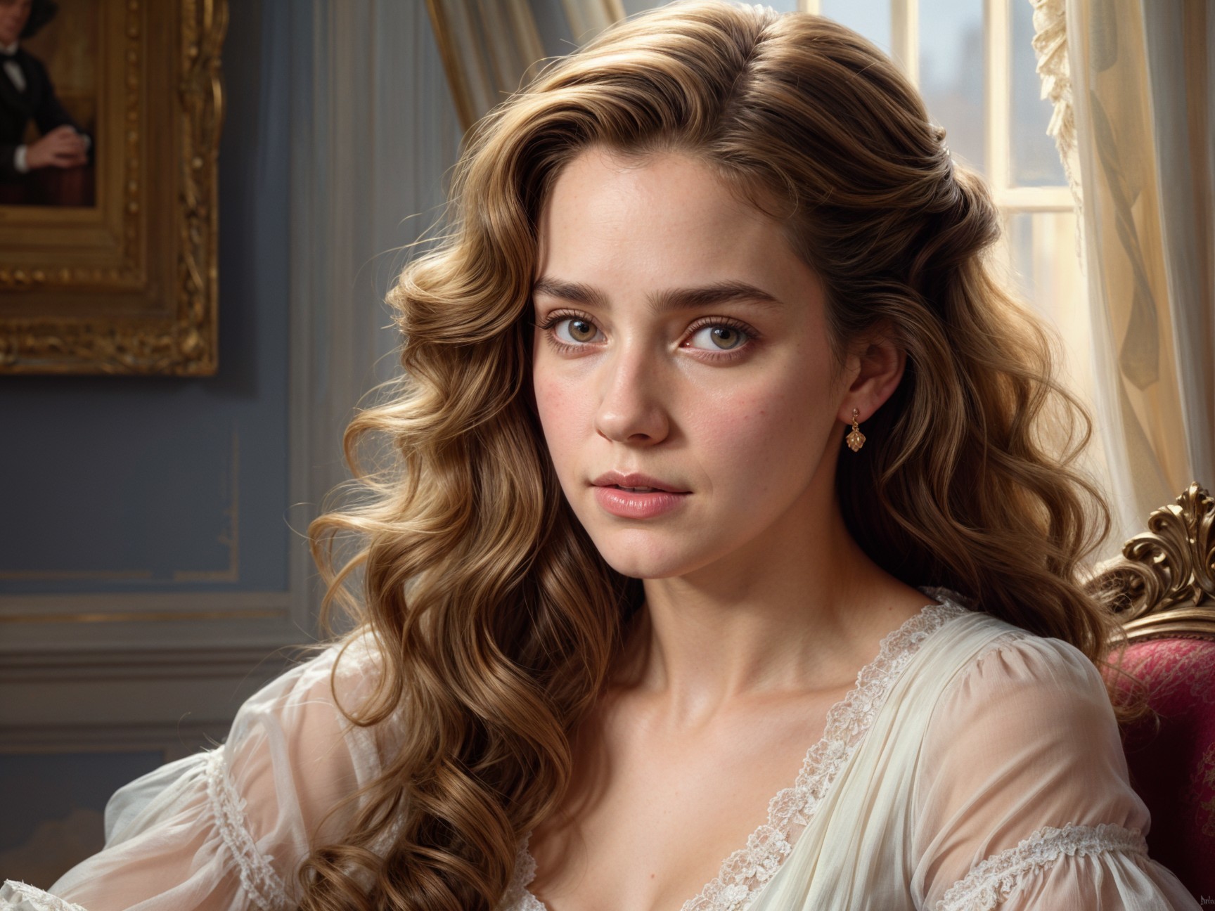 Young woman in elegant room with soft features