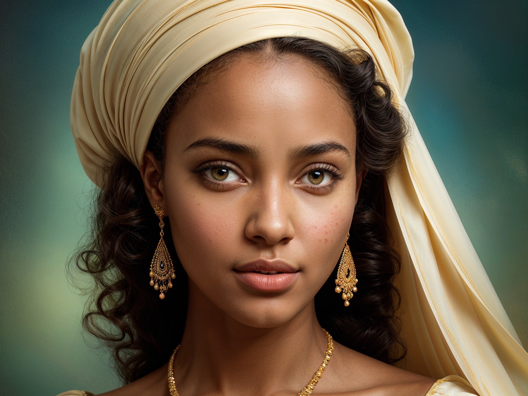 Portrait of a Young Woman with Hazel Eyes and Headscarf