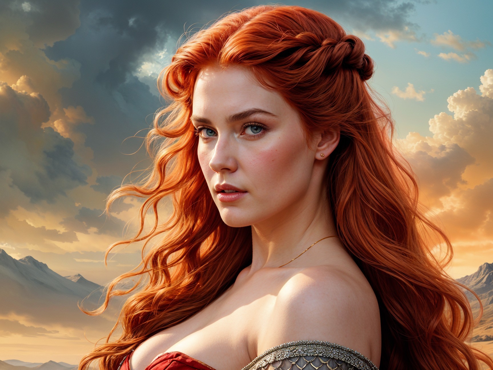 Woman with Red Hair in Fantasy Costume at Sunset