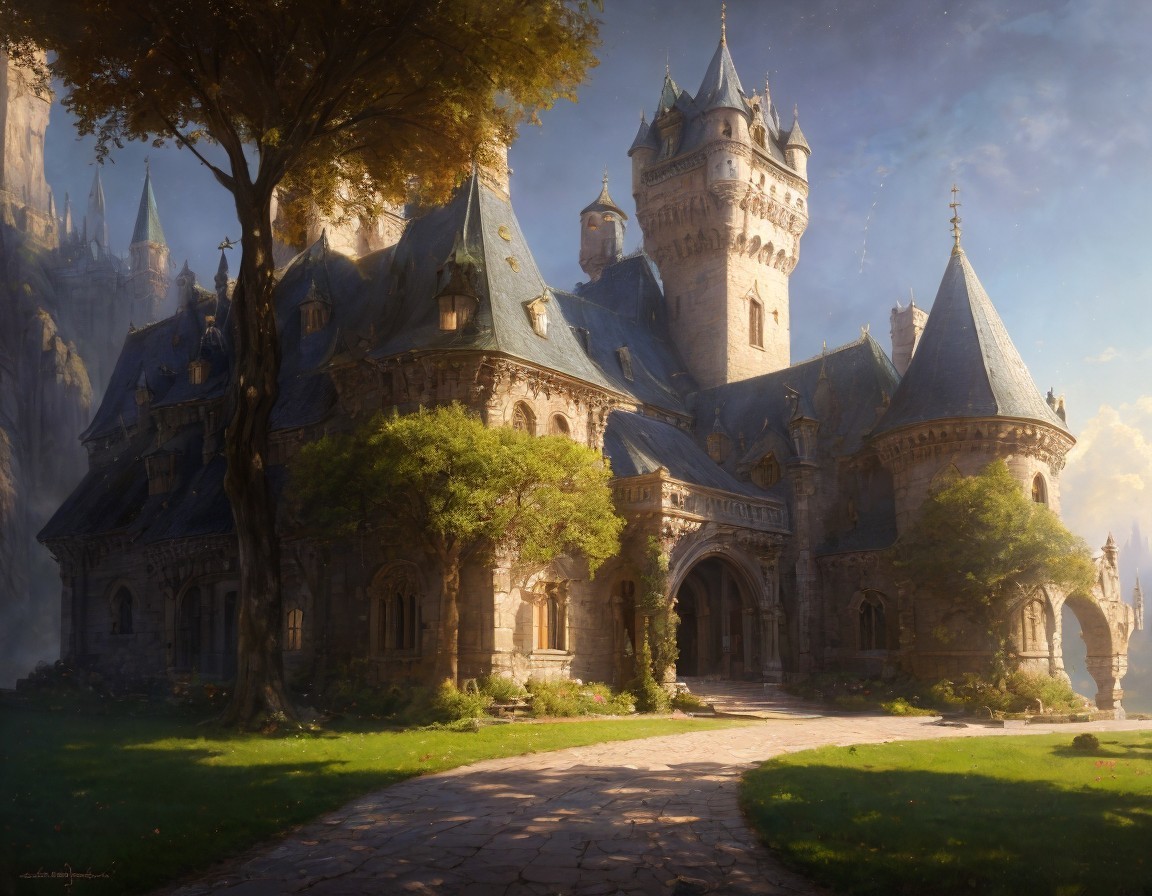 Sunlit Castle with Towering Spires and Cobblestone Pathway