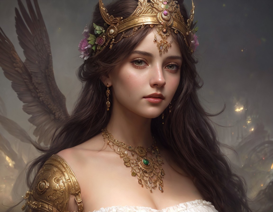 Regal Woman with Crown and Ornate Gold Jewelry