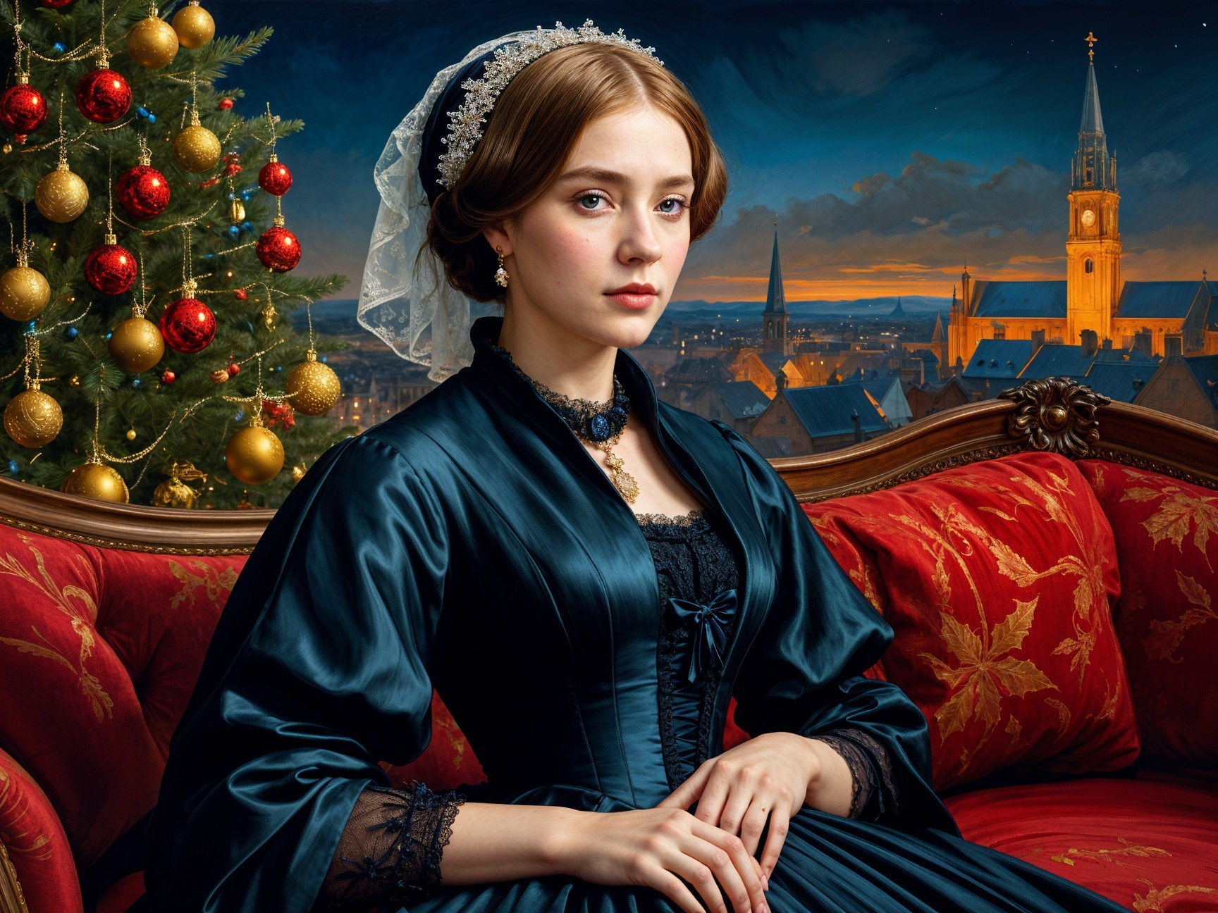 Elegant woman in blue gown with festive backdrop