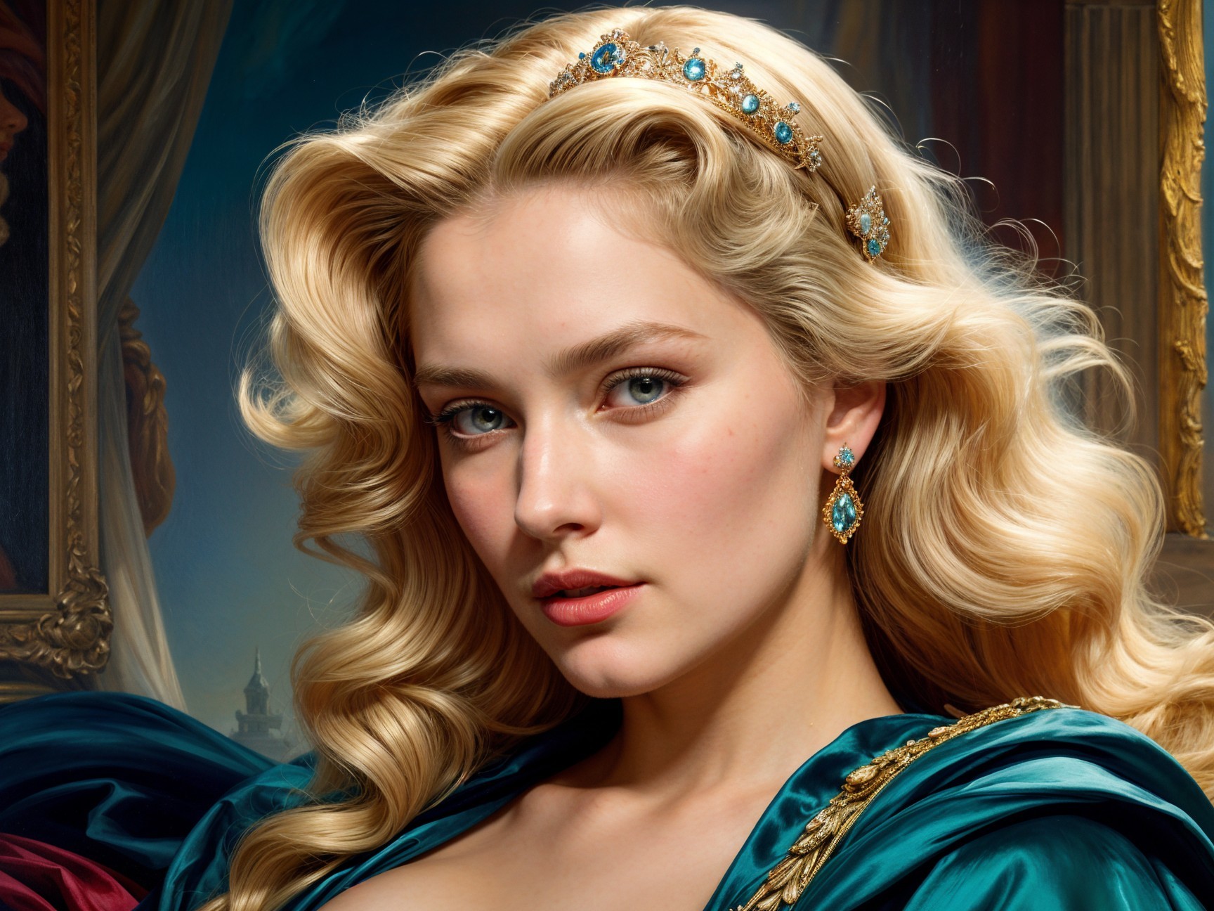 Elegant Young Woman in Teal Dress and Tiara