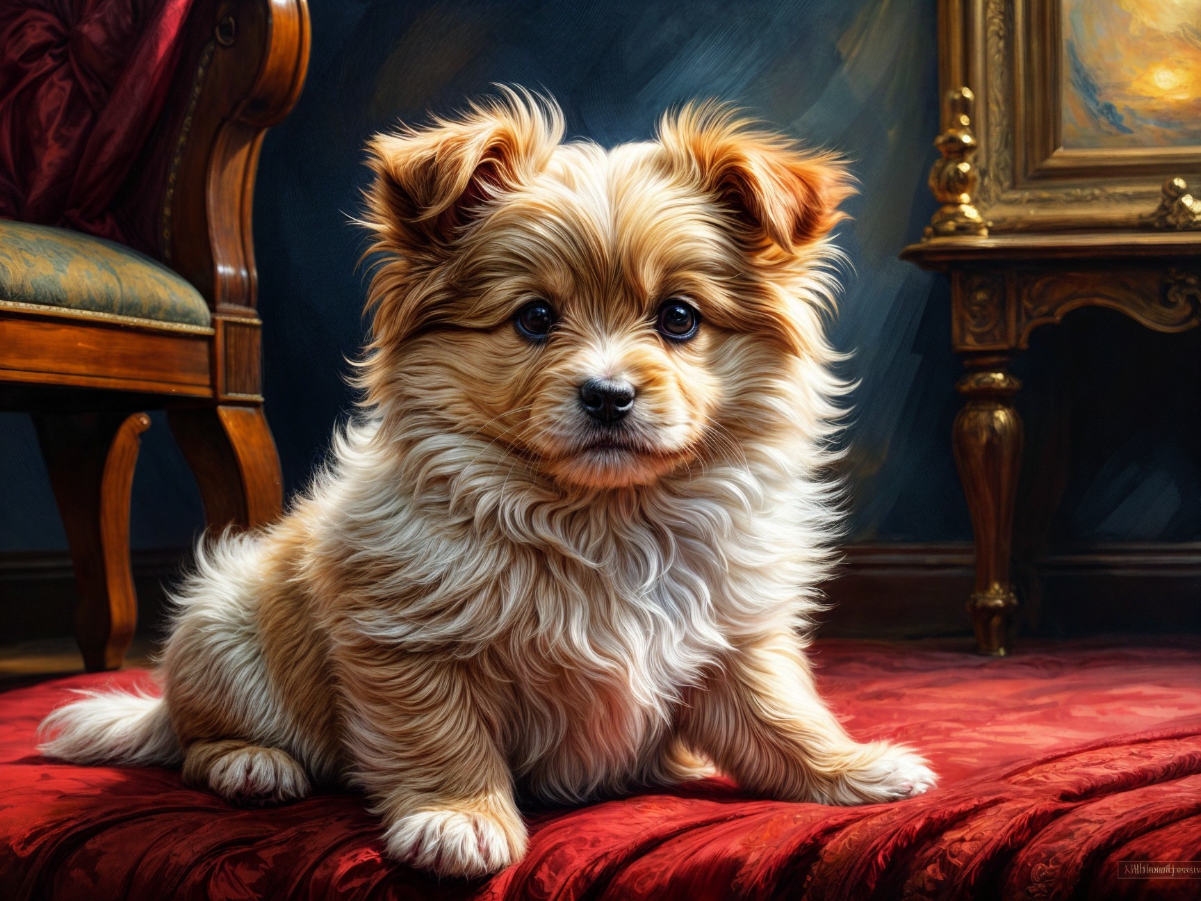 Small Fluffy Dog on Red Carpet with Elegant Decor