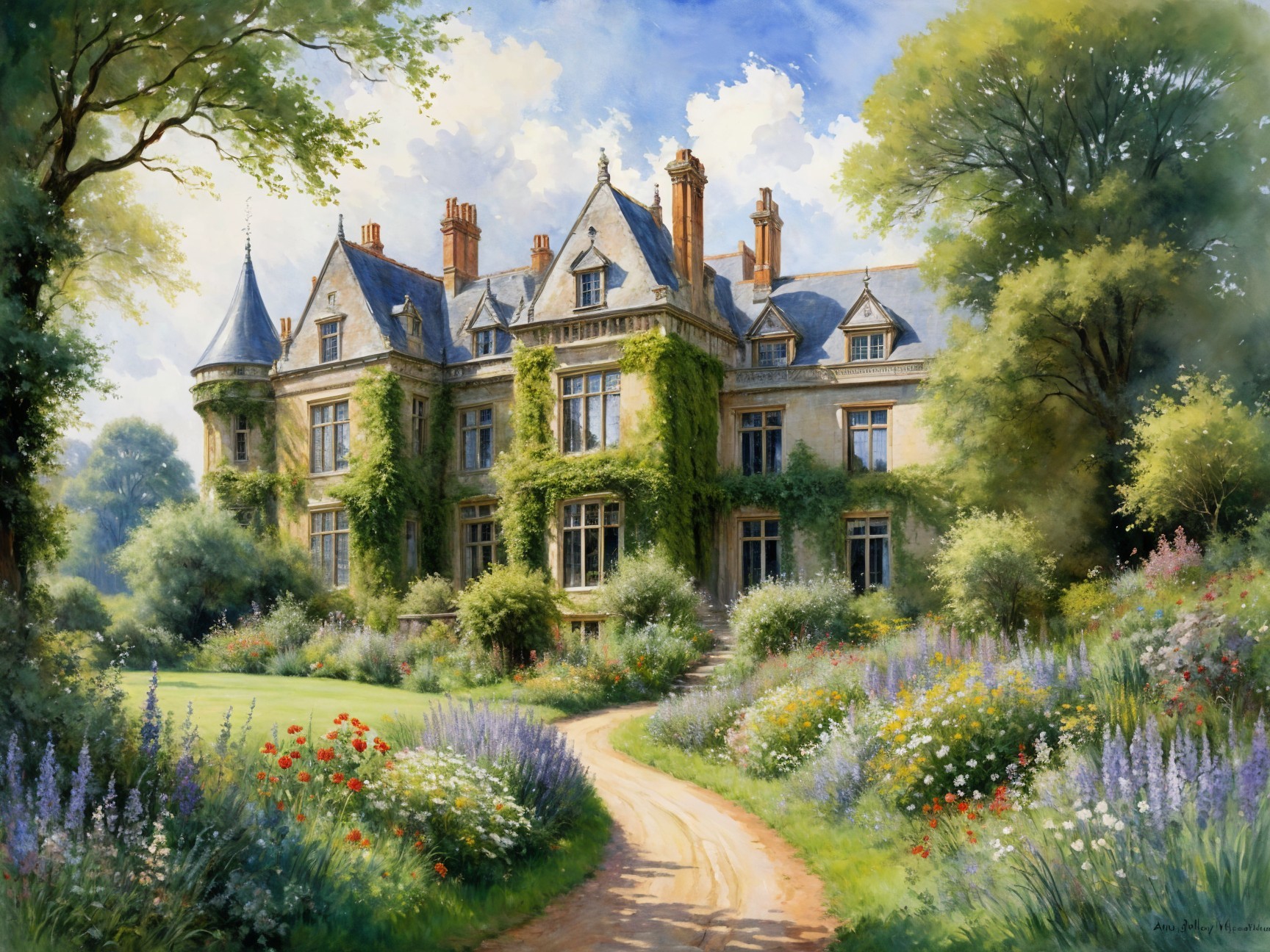 Historic mansion surrounded by greenery and flowers
