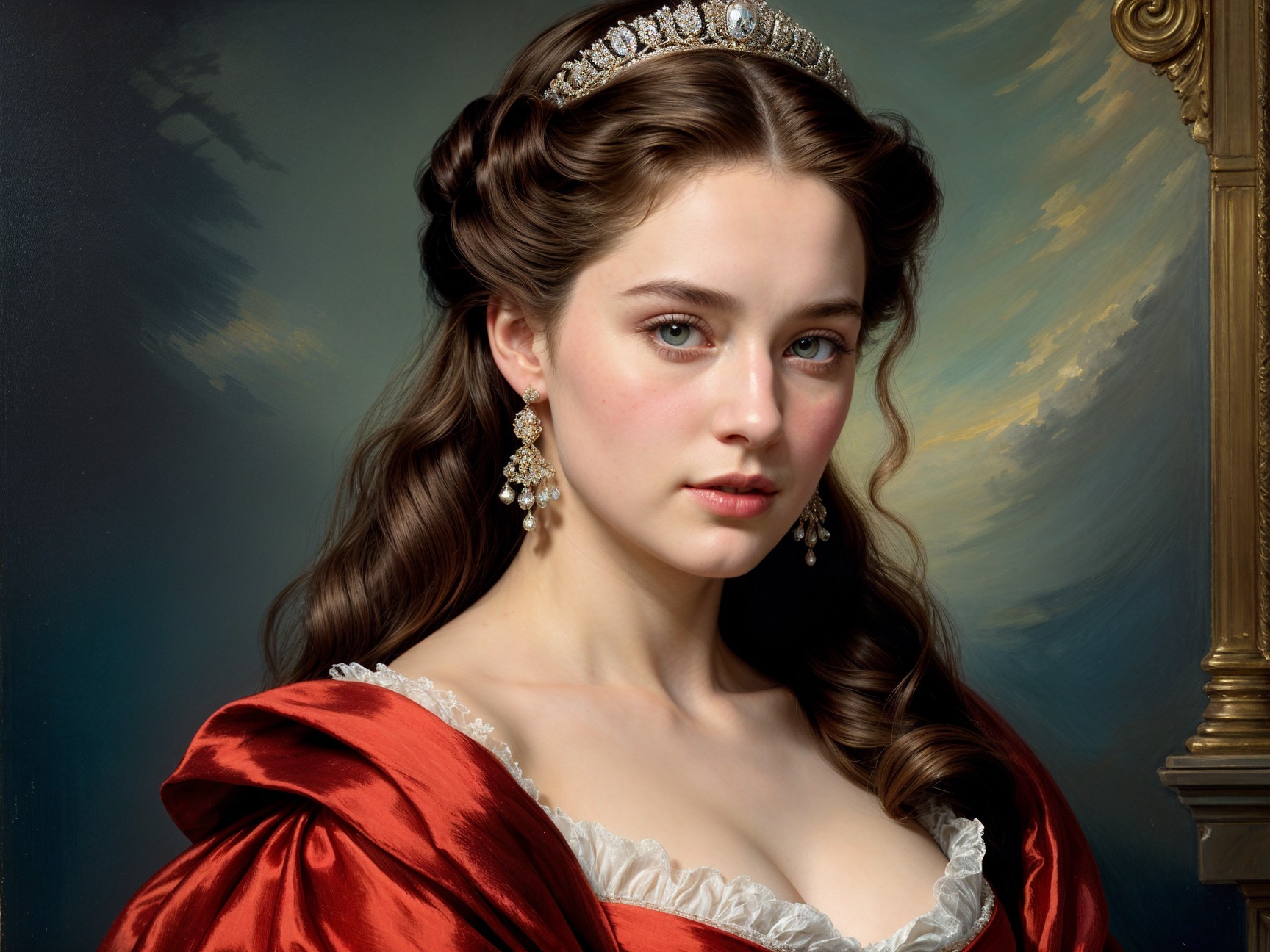 Young Woman in Red Gown with Tiara and Blue Eyes
