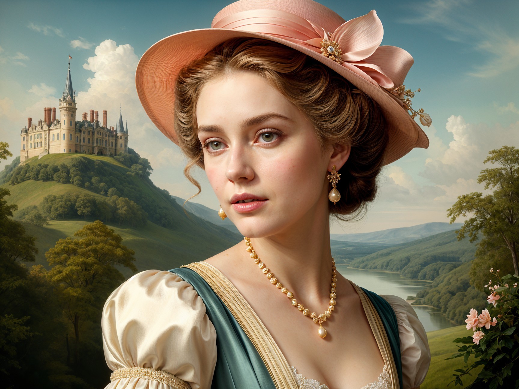 Young woman in pastel dress with castle backdrop