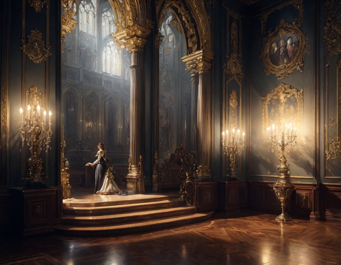 Opulent room with elegant staircase and golden light