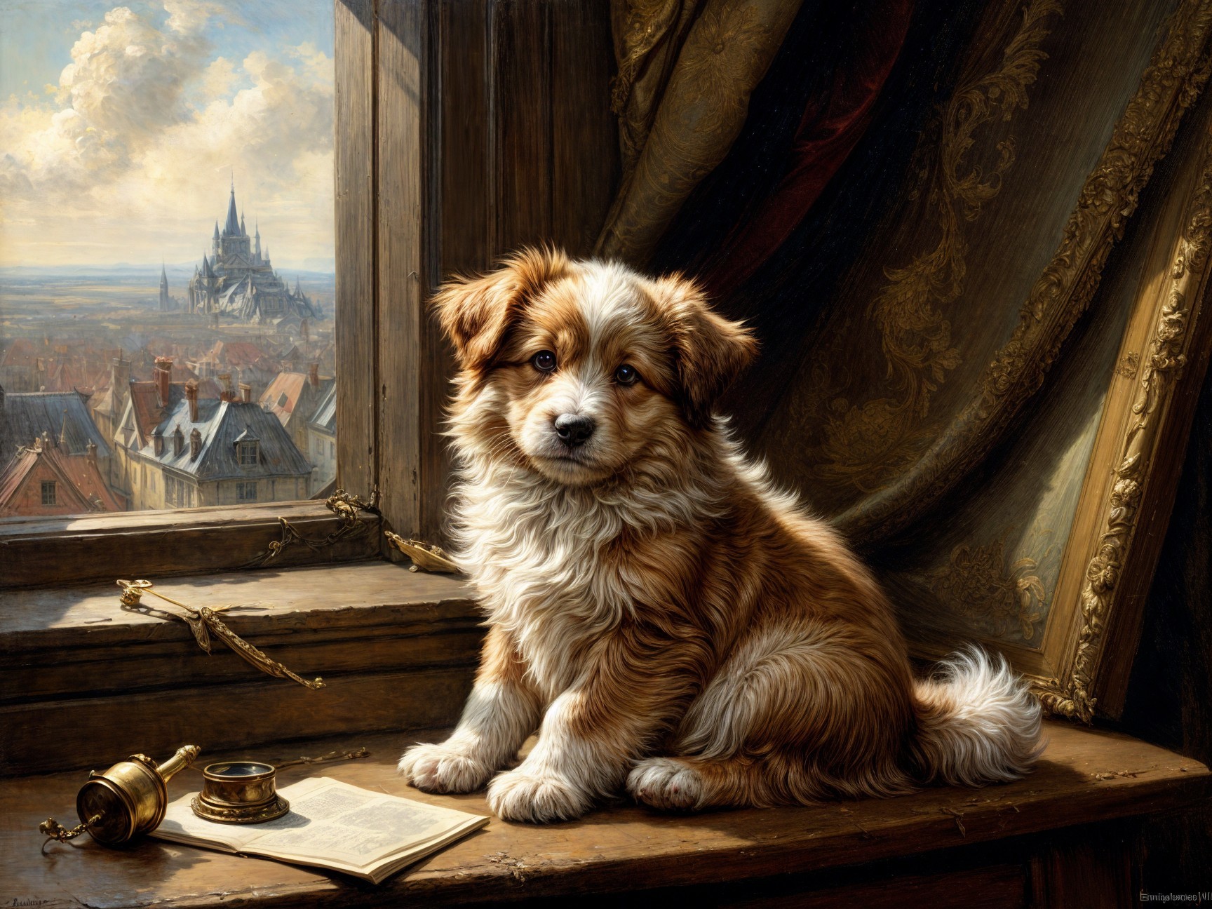 Fluffy Puppy on Windowsill with Scenic Landscape View