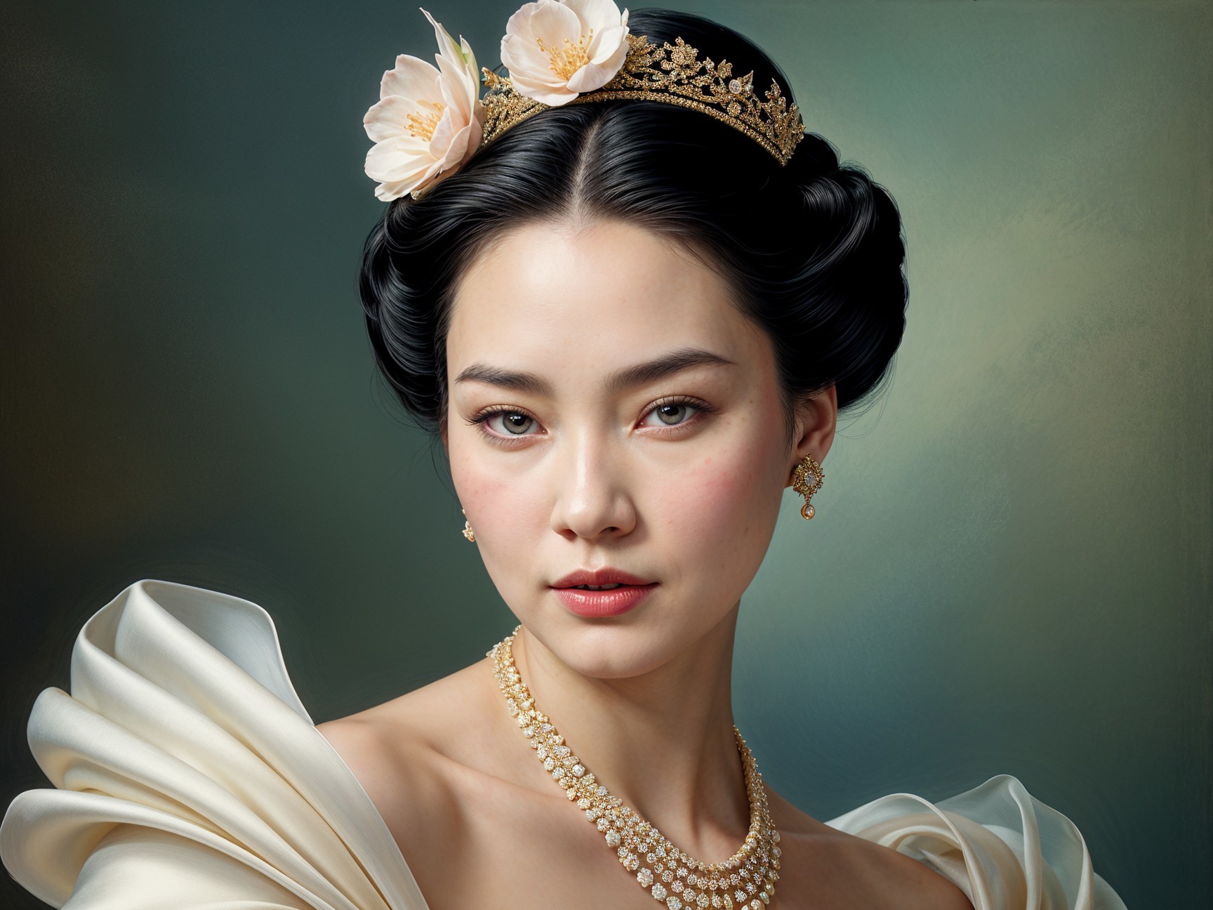 Elegant Young Woman in Floral Crown and Gown