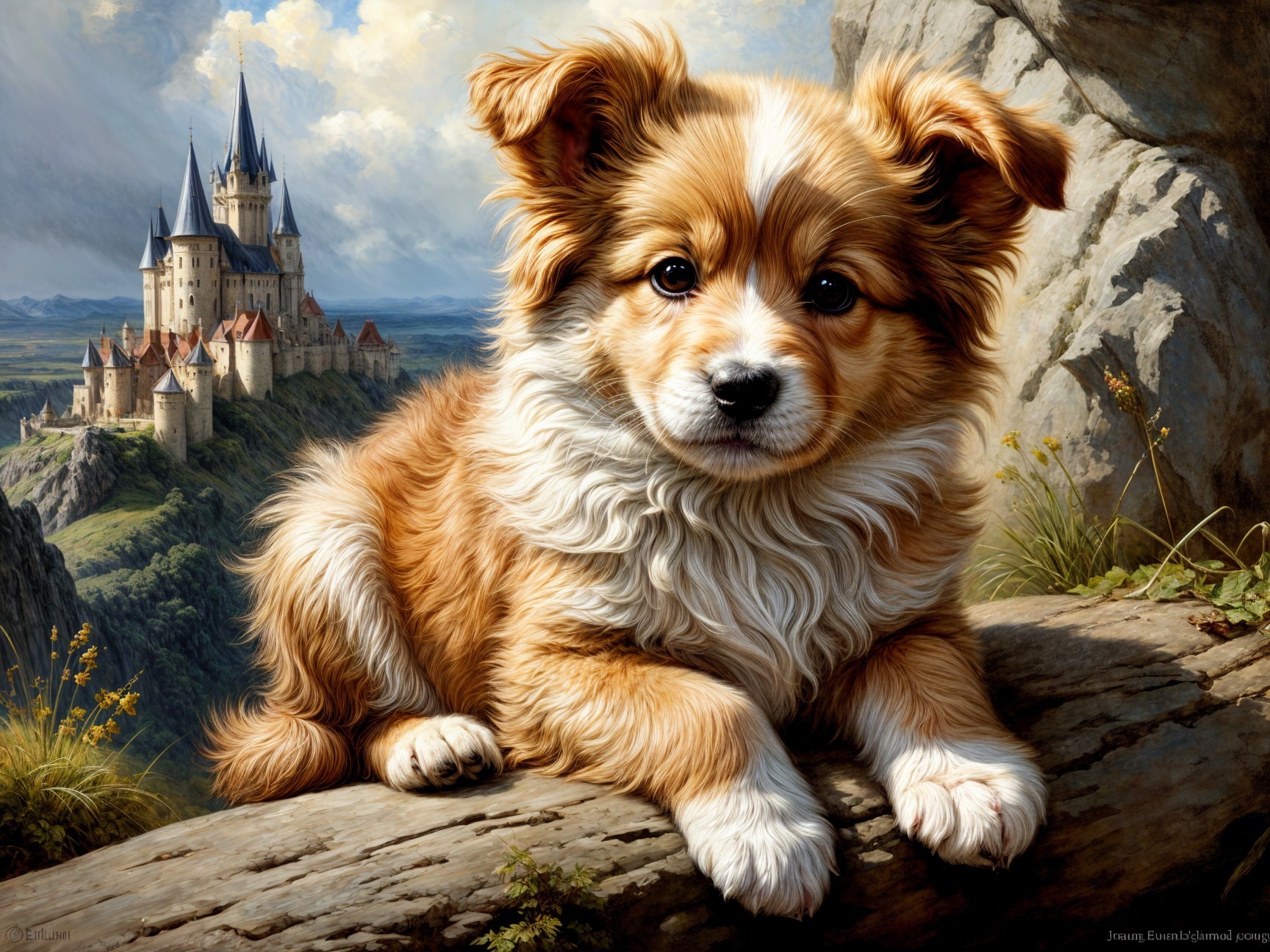 Fluffy Puppy Resting Near Majestic Castle Landscape