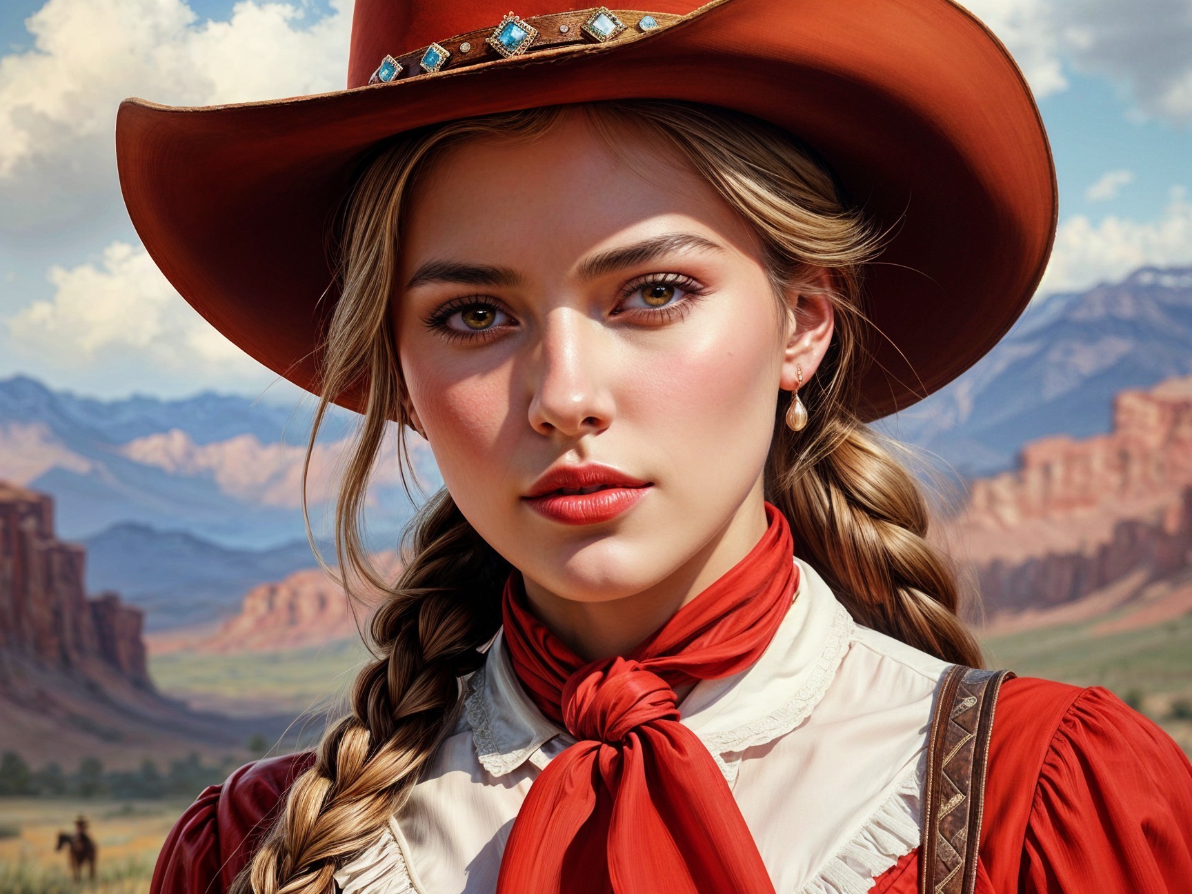 Young Woman in Cowboy Outfit with Scenic Mountains