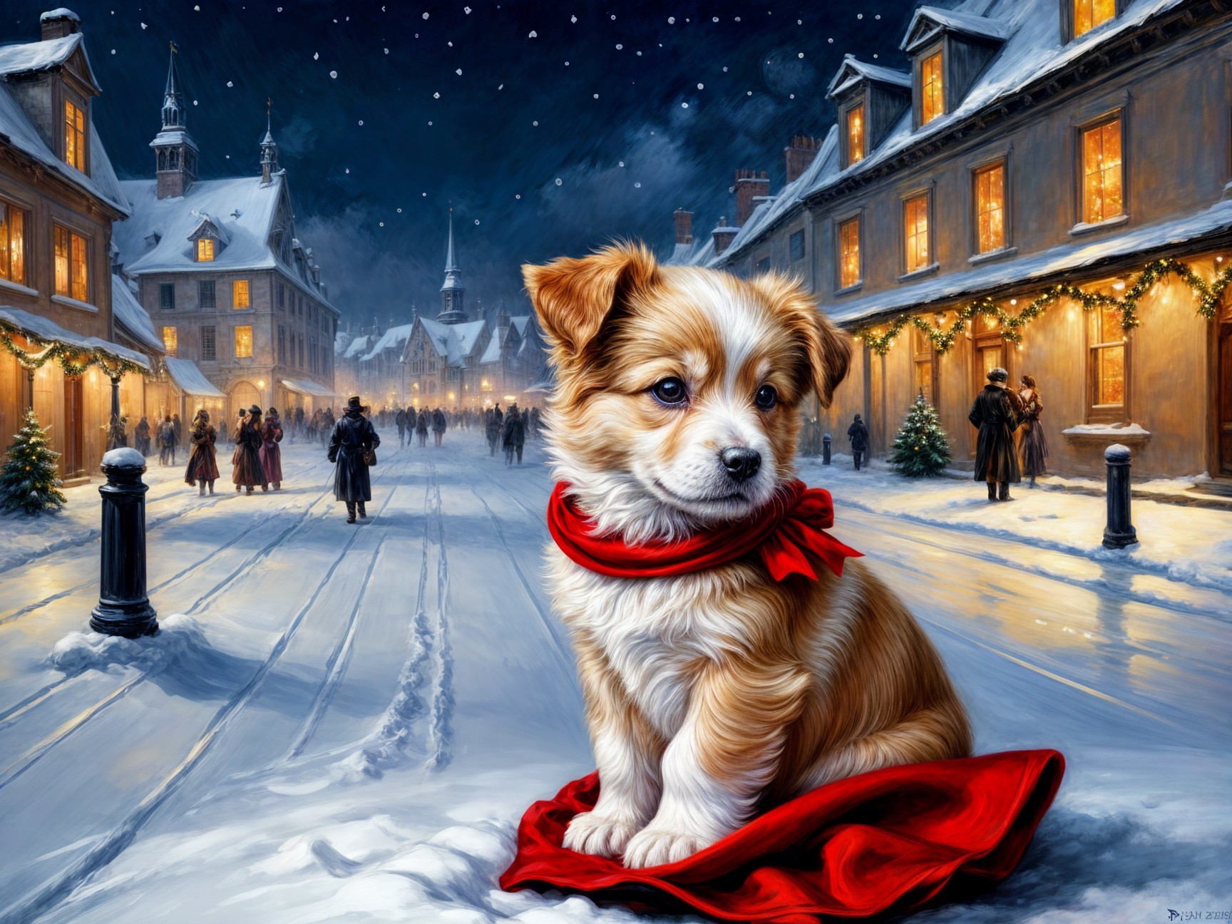 Puppy on Red Blanket in Festive Snowy Street