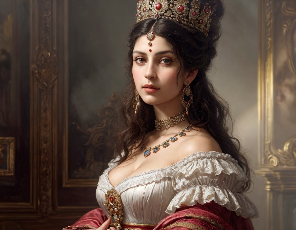 Regal woman in bejeweled crown and gown gazes serenely in richly decorated