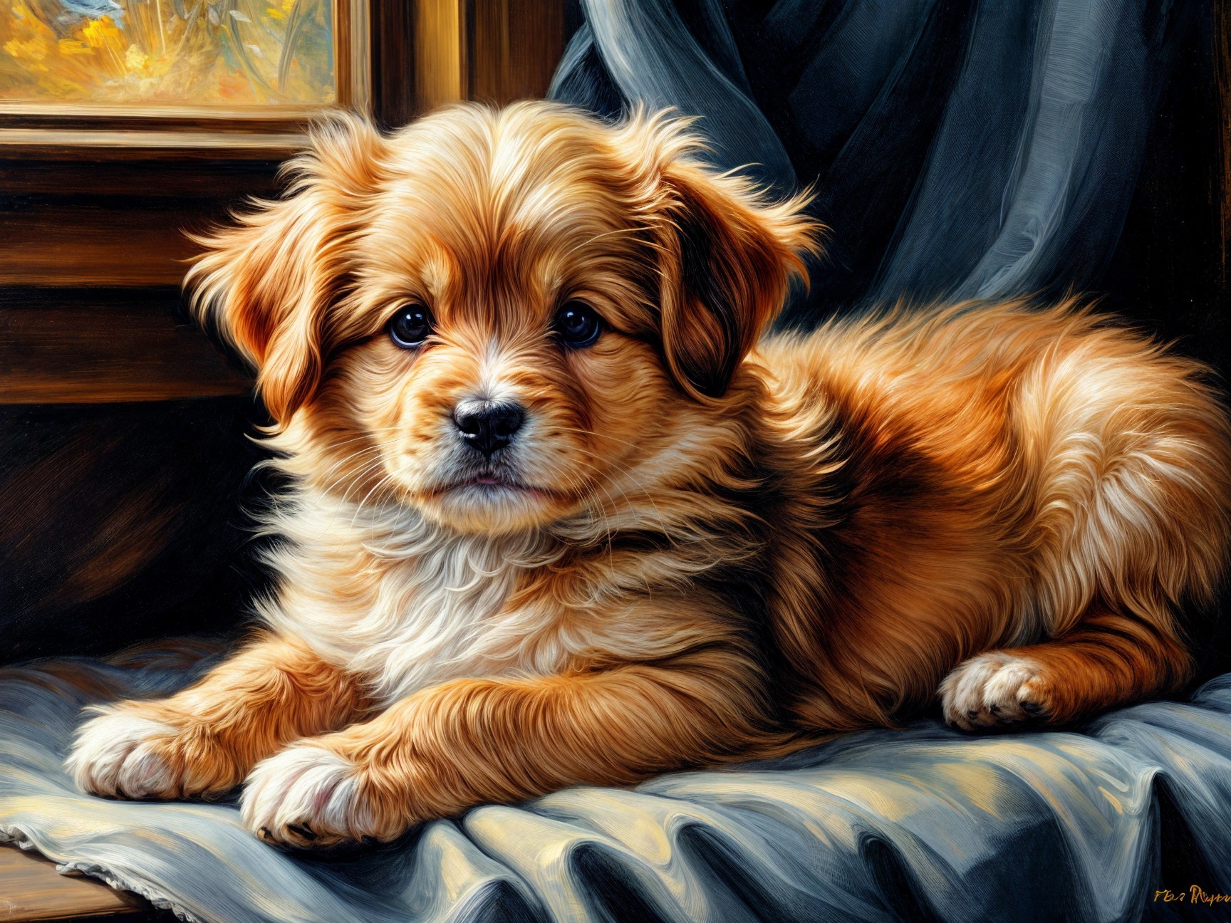 Golden-brown puppy lounging in a cozy indoor setting