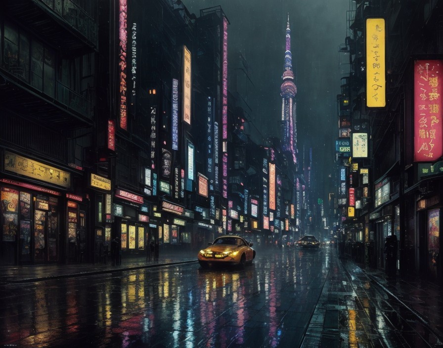 Rain-soaked night street in neon-lit city with foreign script signs and distant tower.