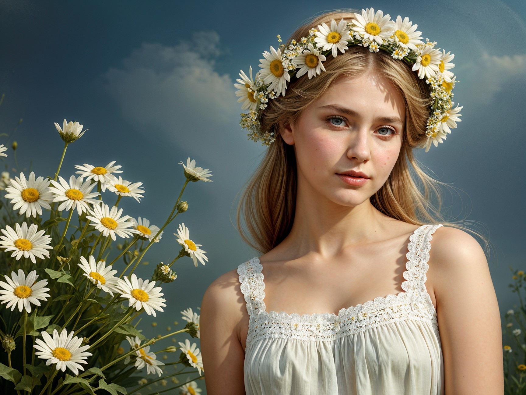 Young woman in a field of daisies with flower crown
