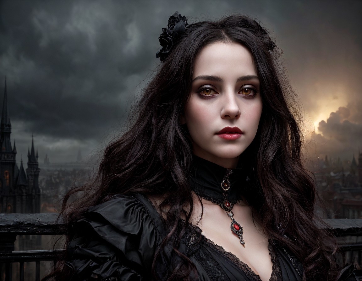 Dark-haired woman in gothic attire against moody skyline