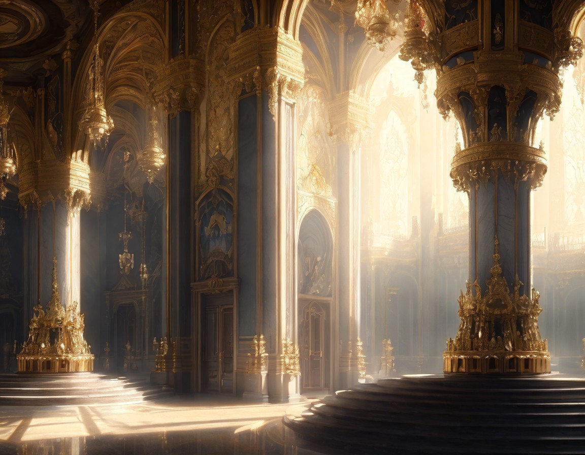 Illuminated Opulent Interior with Golden Sunlight