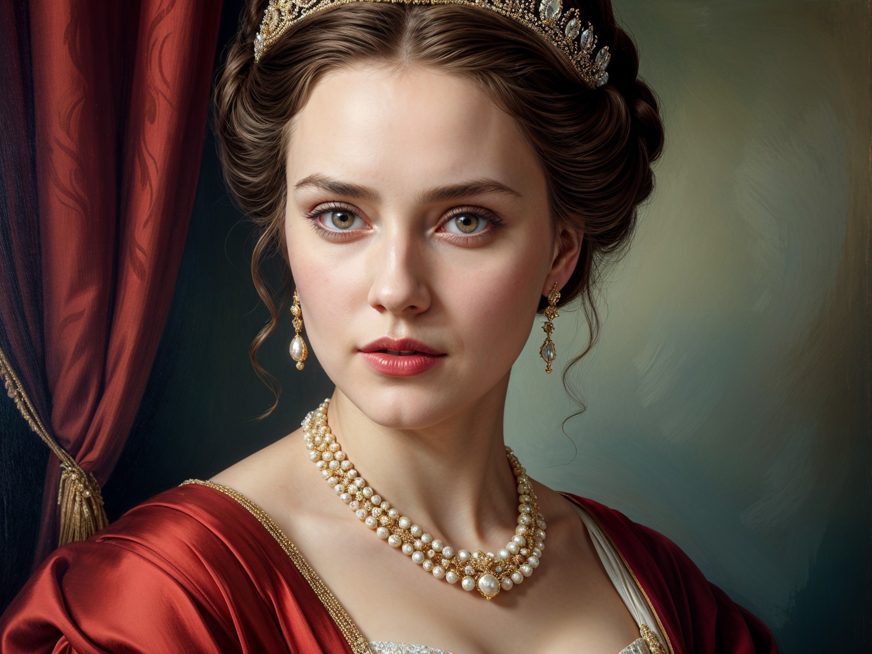Regal woman in deep red gown with elegant jewelry