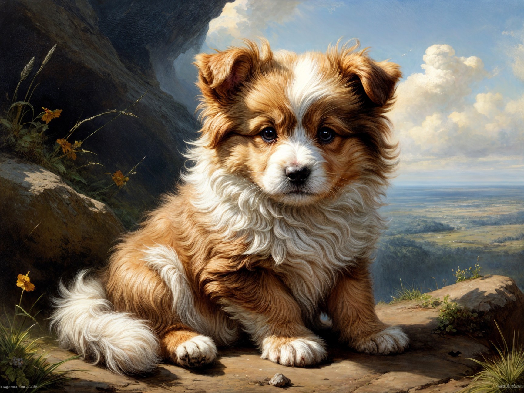 Fluffy caramel and white puppy on rocky surface