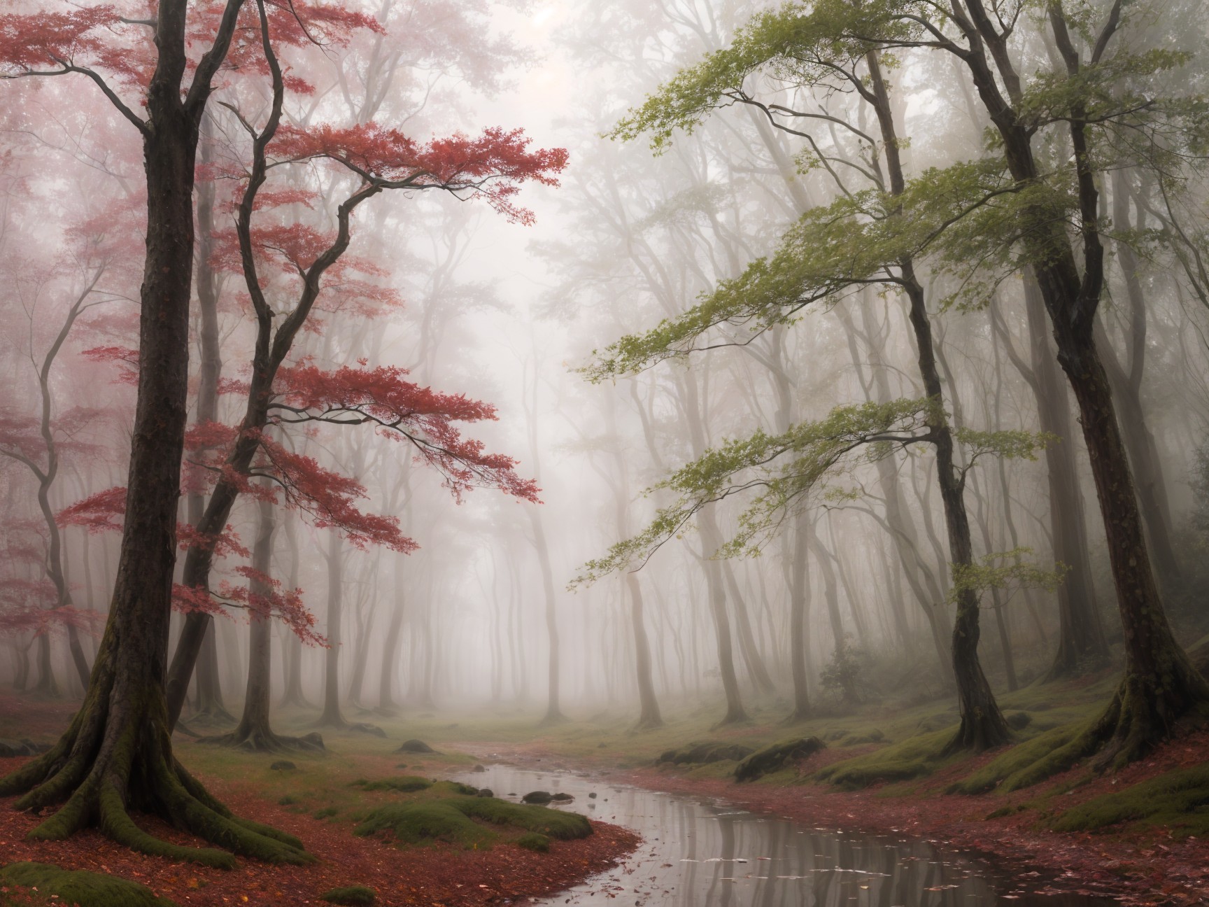 Tranquil Forest with Mist and Vibrant Foliage