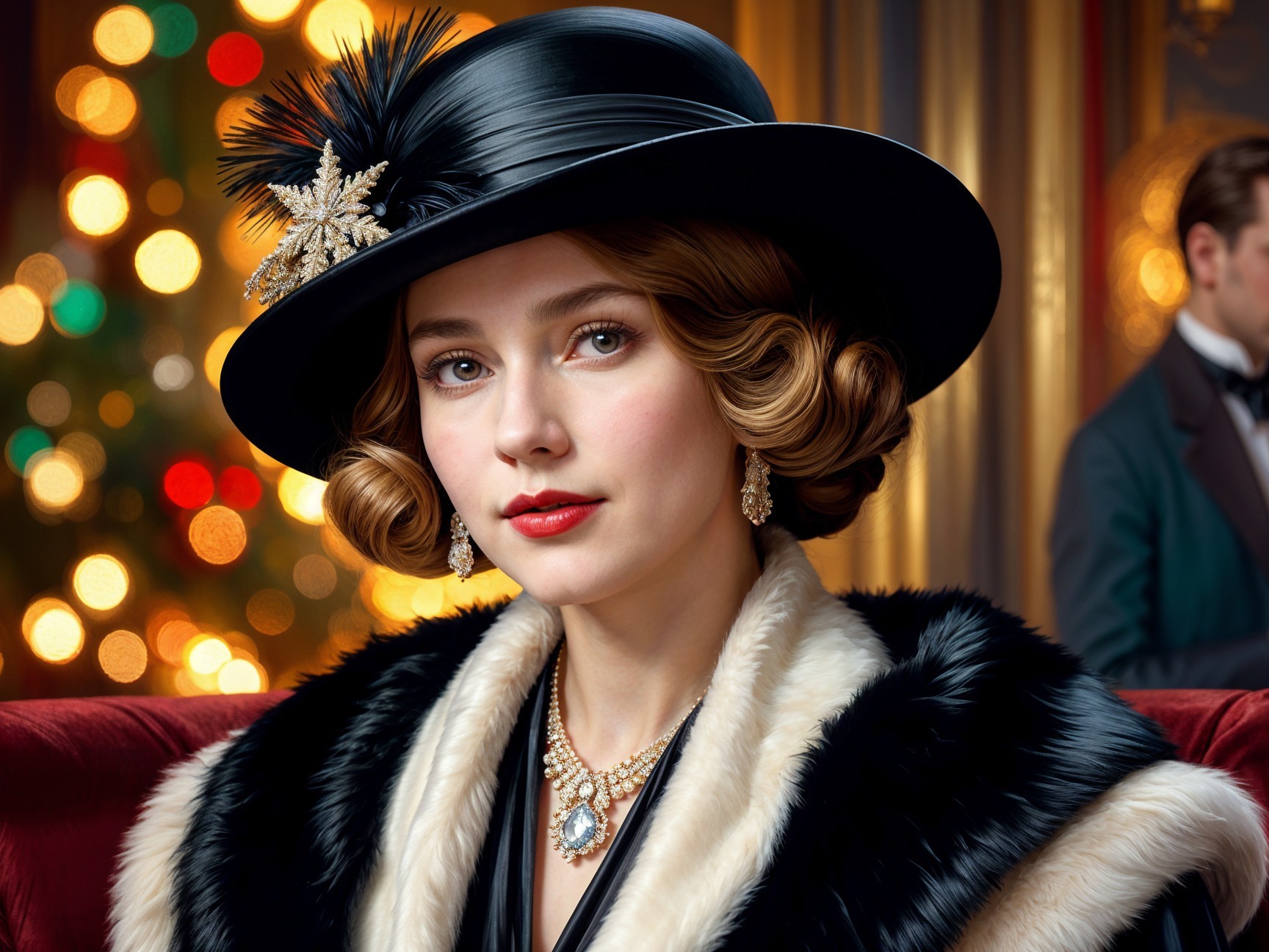 Glamorous Woman in Vintage Setting with Christmas Tree