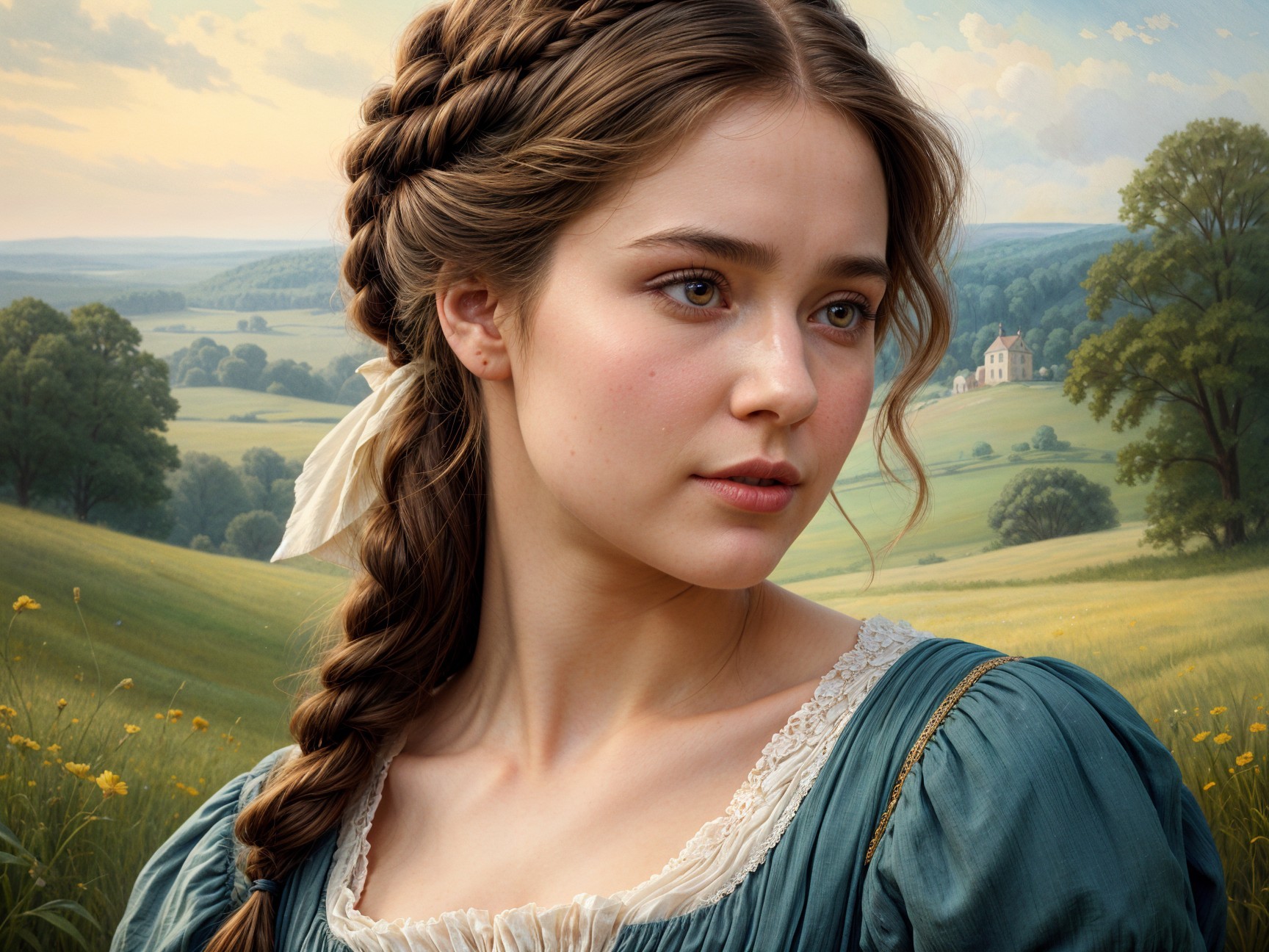 Young woman in vintage dress in serene landscape