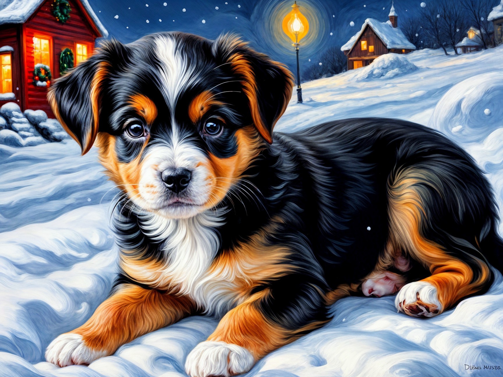 Playful Puppy in Snowy Landscape with Cozy House