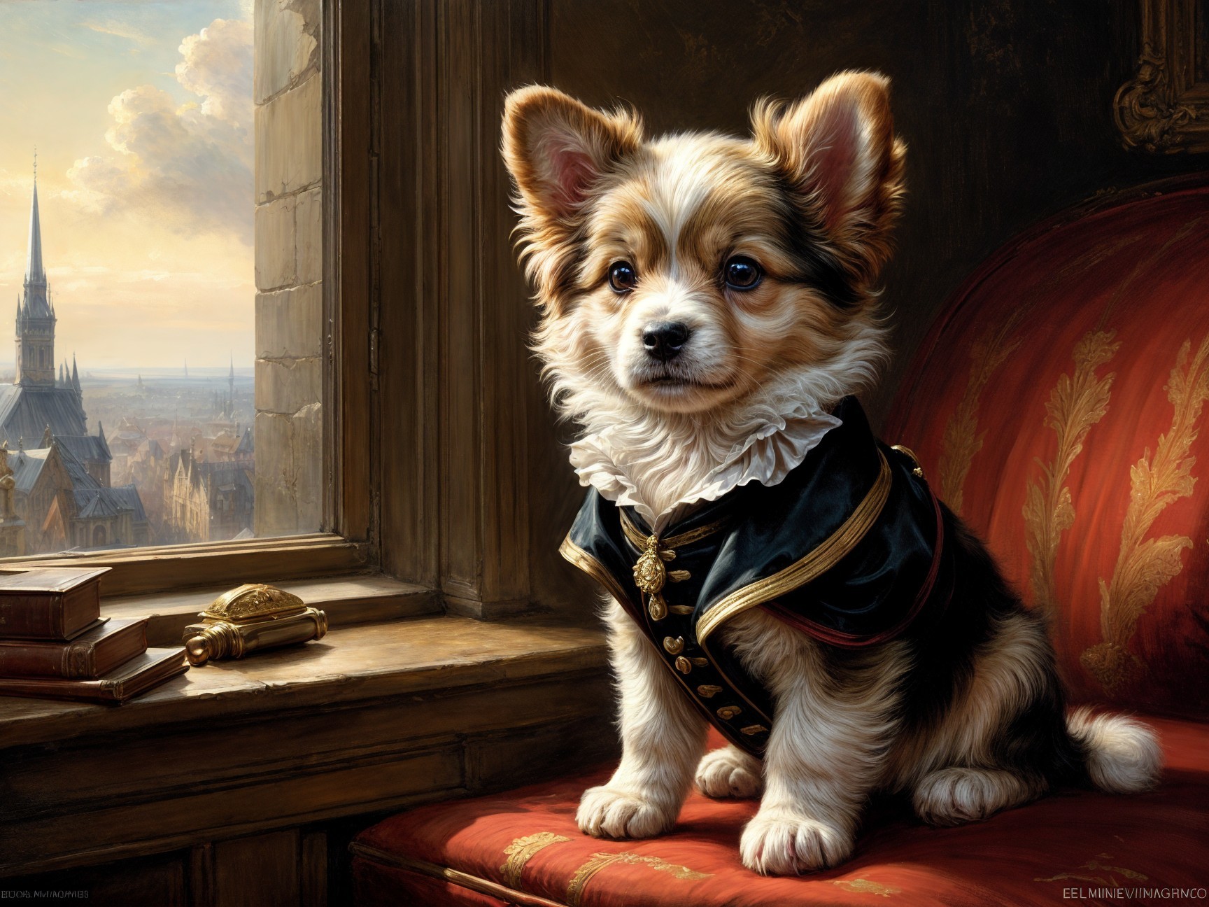 Regal puppy in stylish outfit by grand window