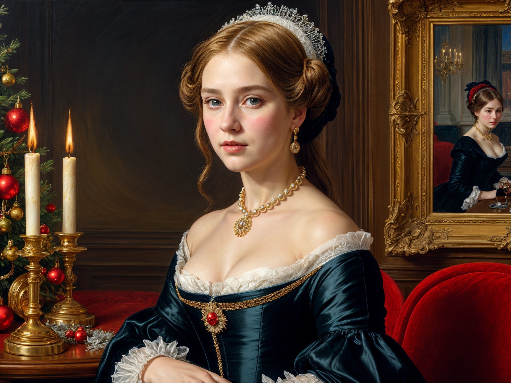 Elegant Portrait of Woman in Black Gown and Jewelry