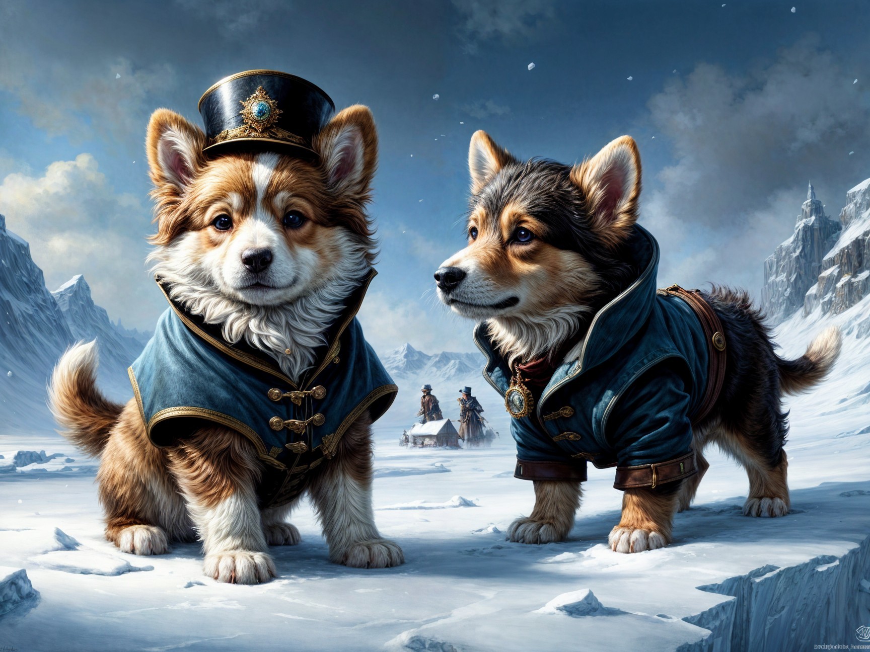 Corgis in Military Uniforms in Snowy Landscape