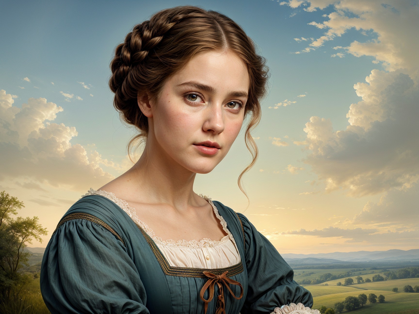 Young Woman in Vintage Blue Gown with Scenic Background