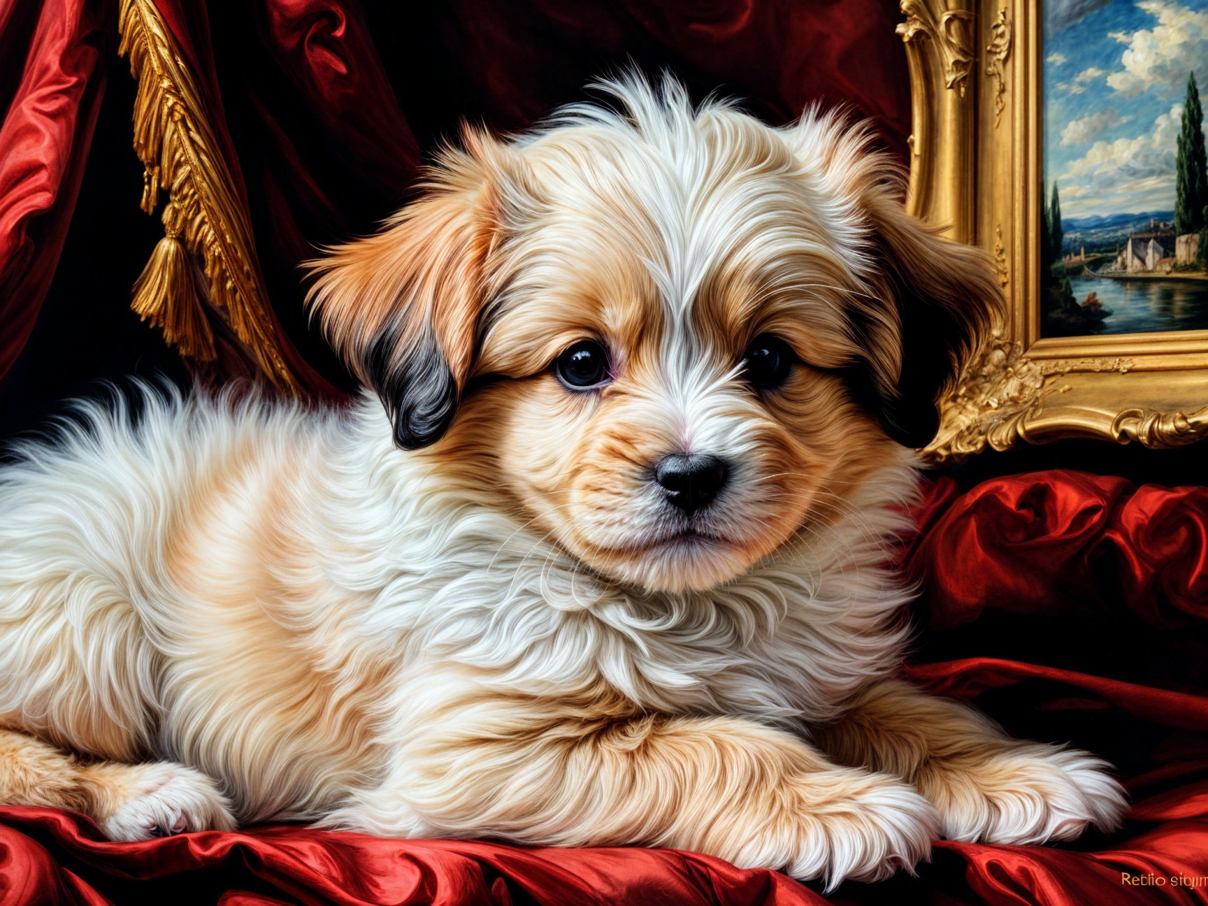 Fluffy puppy on red fabric with ornate background