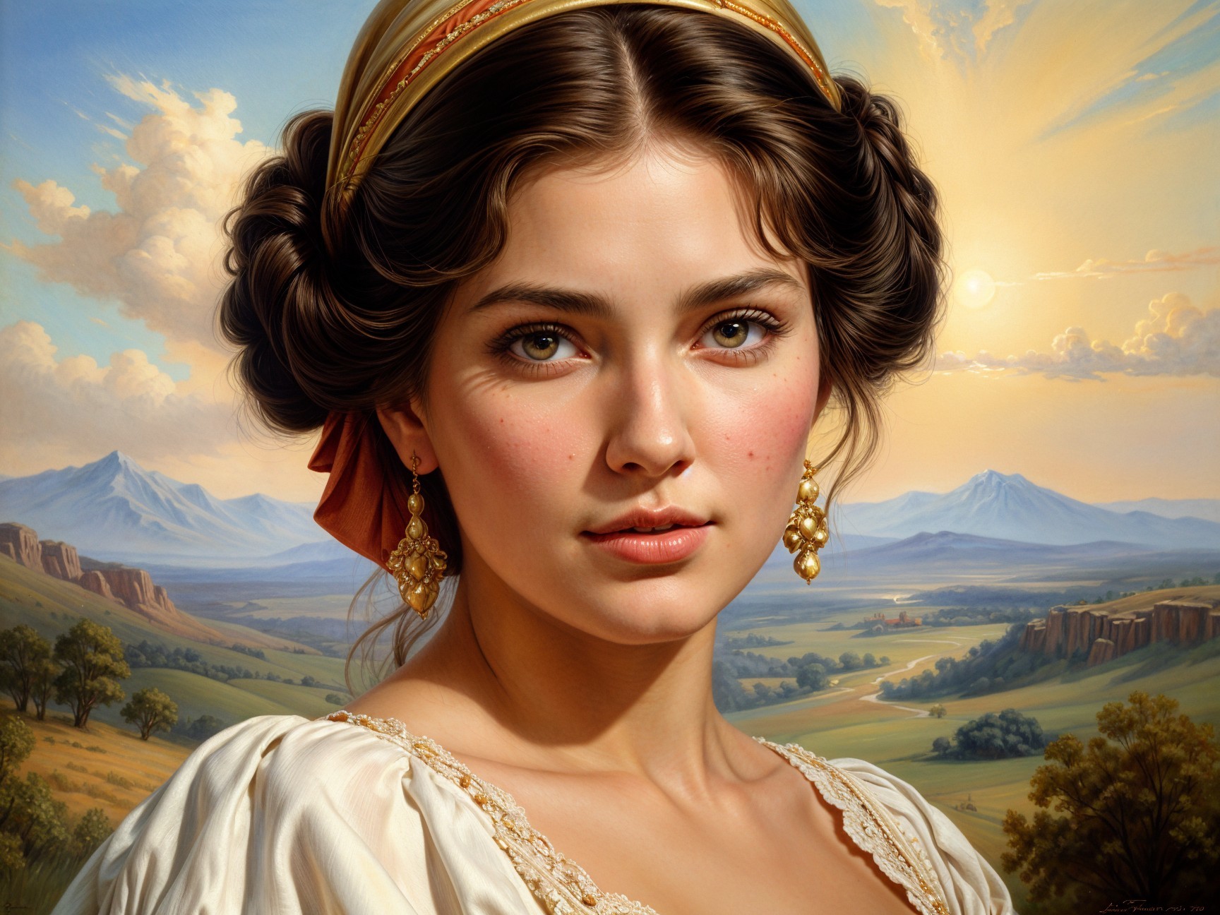 Young Woman in Traditional Outfit Against Sunset Landscape