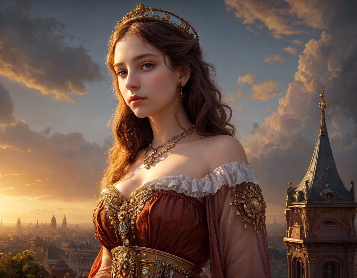 Digital Art: Young Woman in Renaissance Gown at Sunset Cityscape